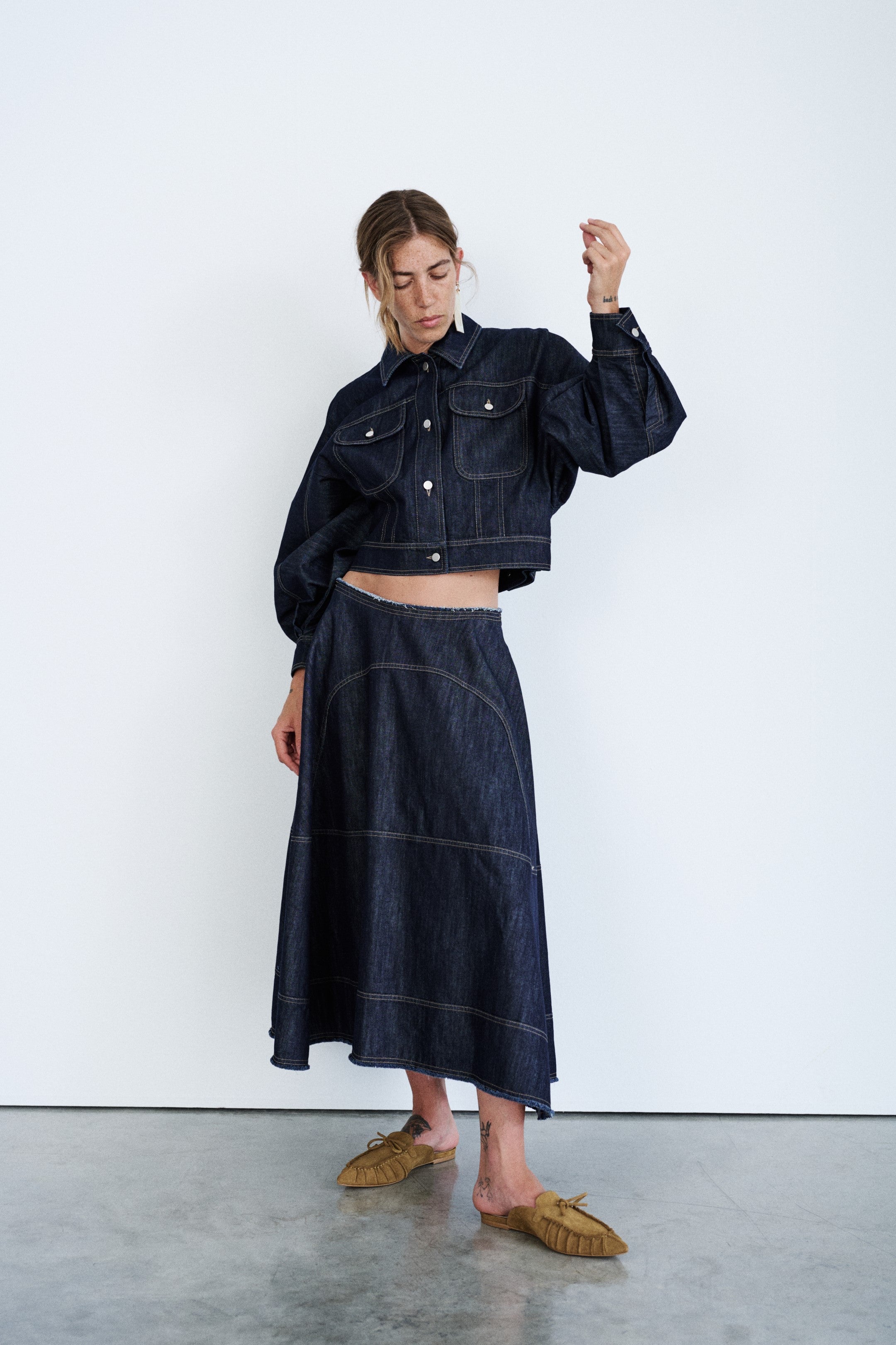 Dark Blue Denim Cropped Shirt Jacket