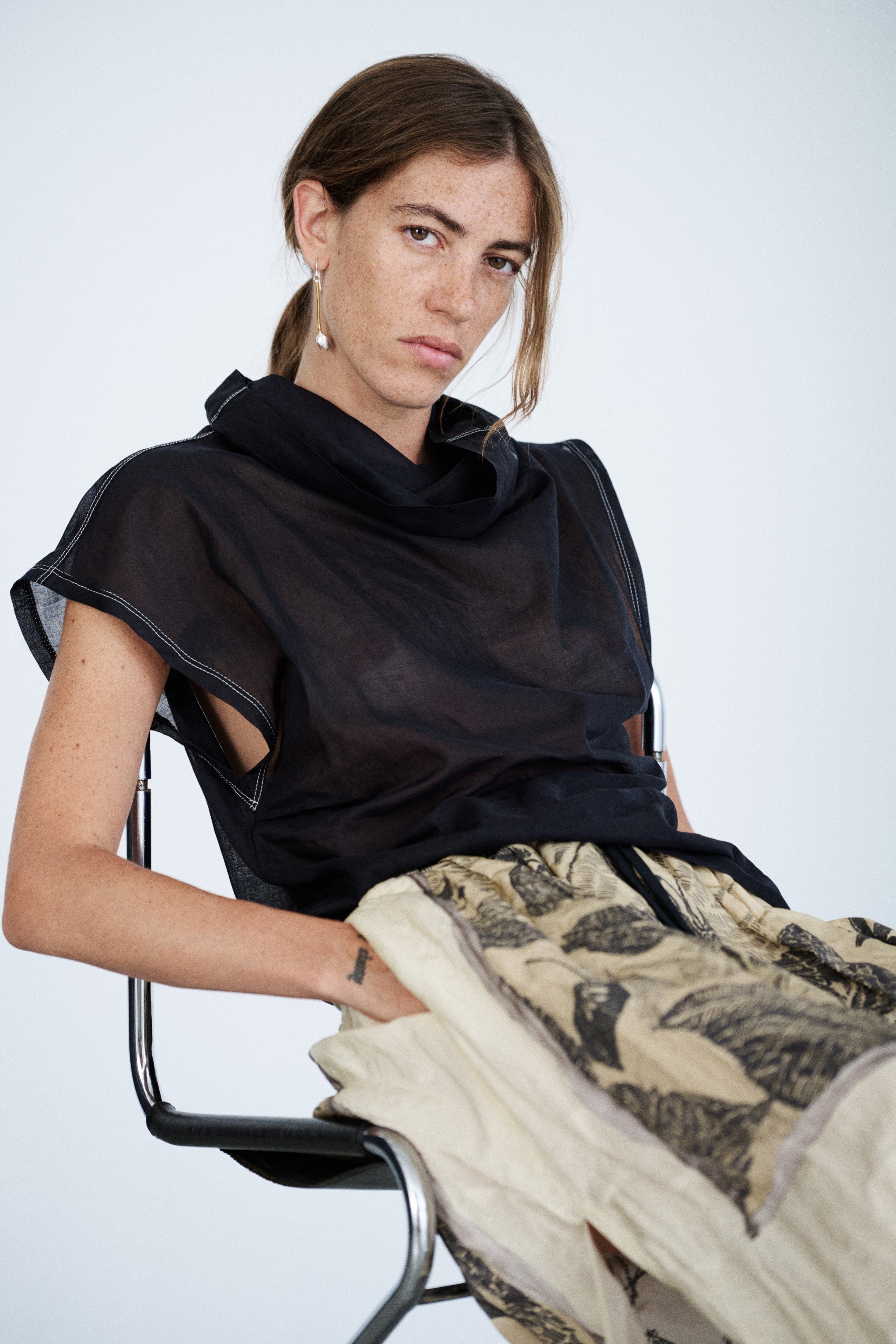 Short-Sleeve Black Sheer Muslin Top