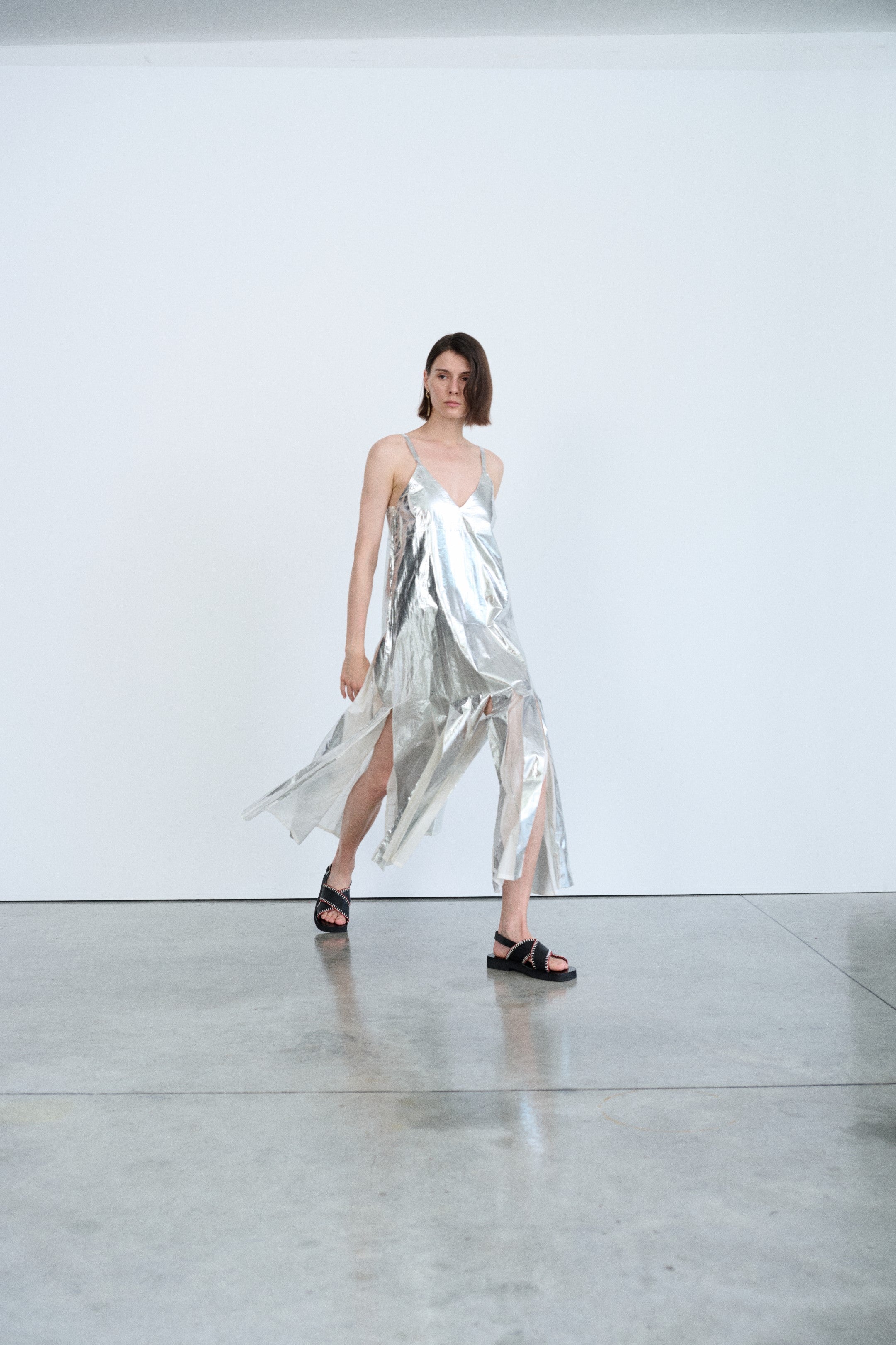 Sleeveless Maxi Dress In Silver Laminated Muslin