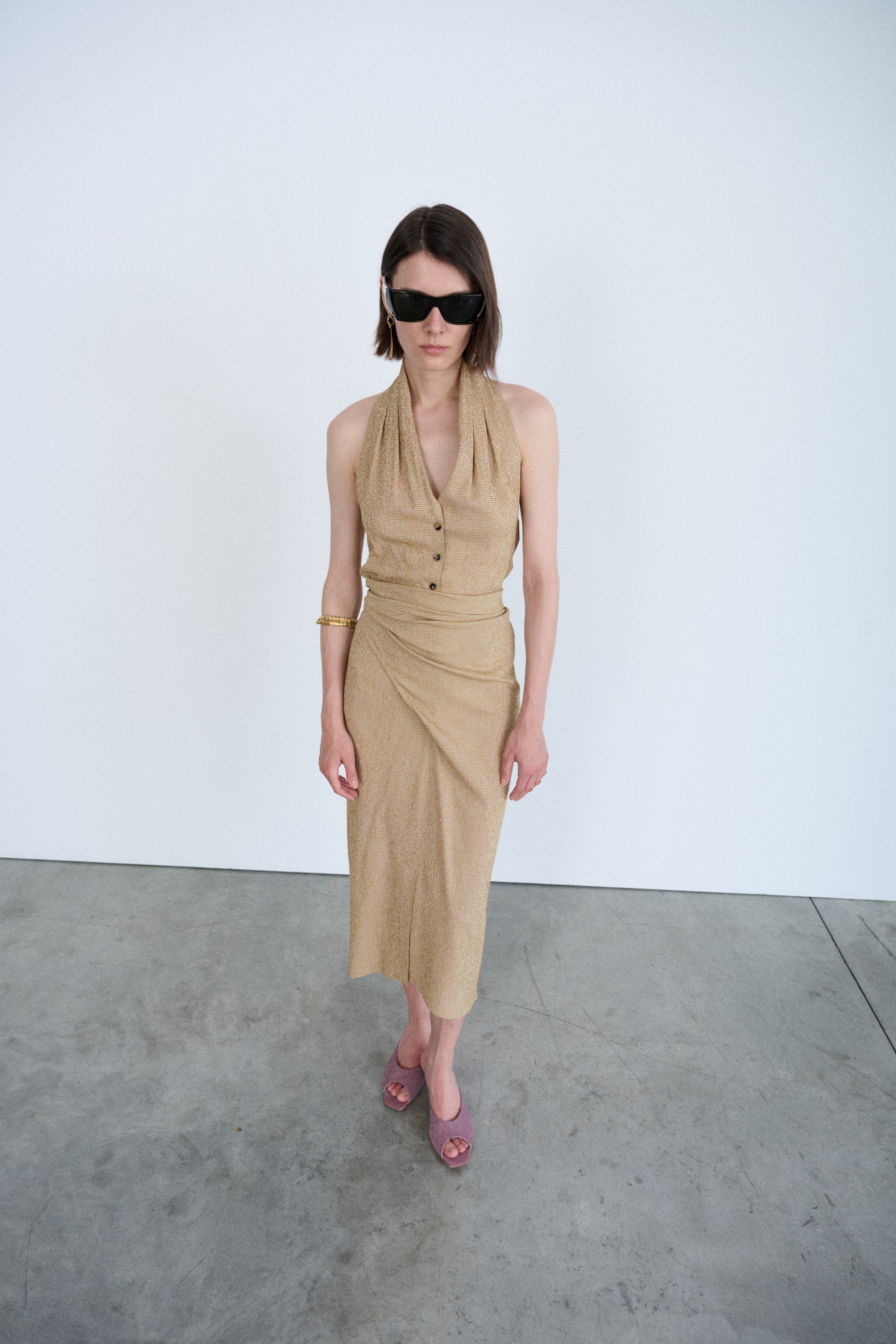 Pencil Viscose Maxi Skirt In Sand Color With Front Draping And Back Closure