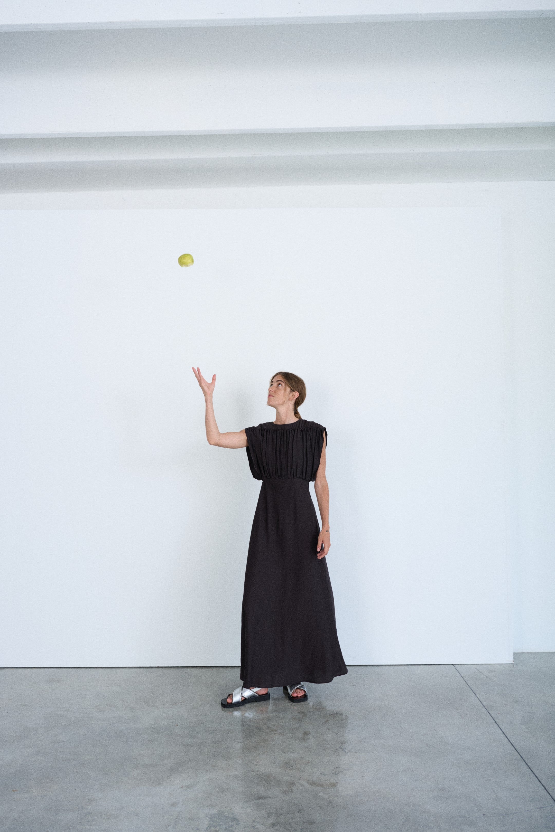 Coffee-Colored Tencel Sleeveless Maxi Dress With Ruched Top