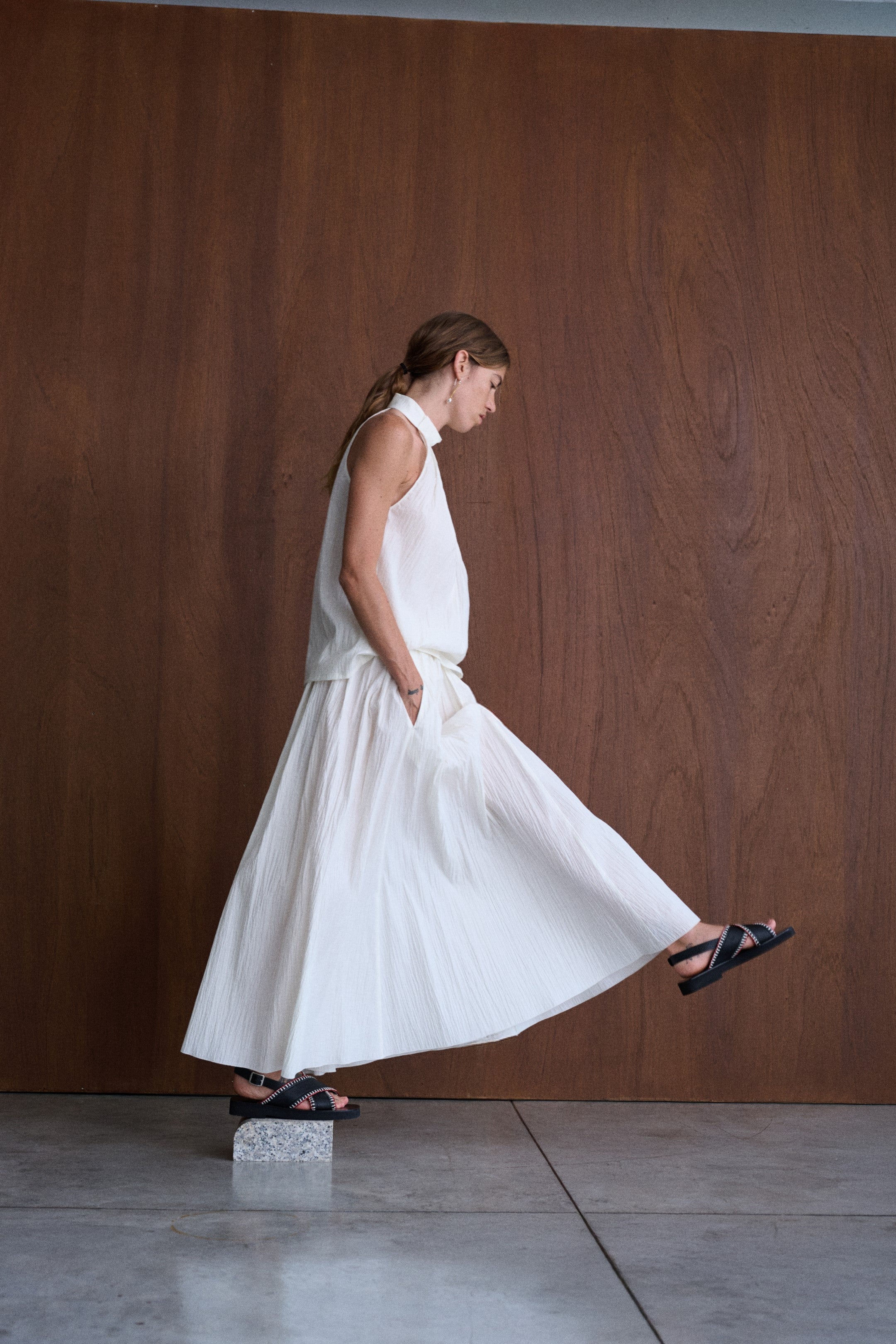 White Halter Tank Top In Crinkled Cotton