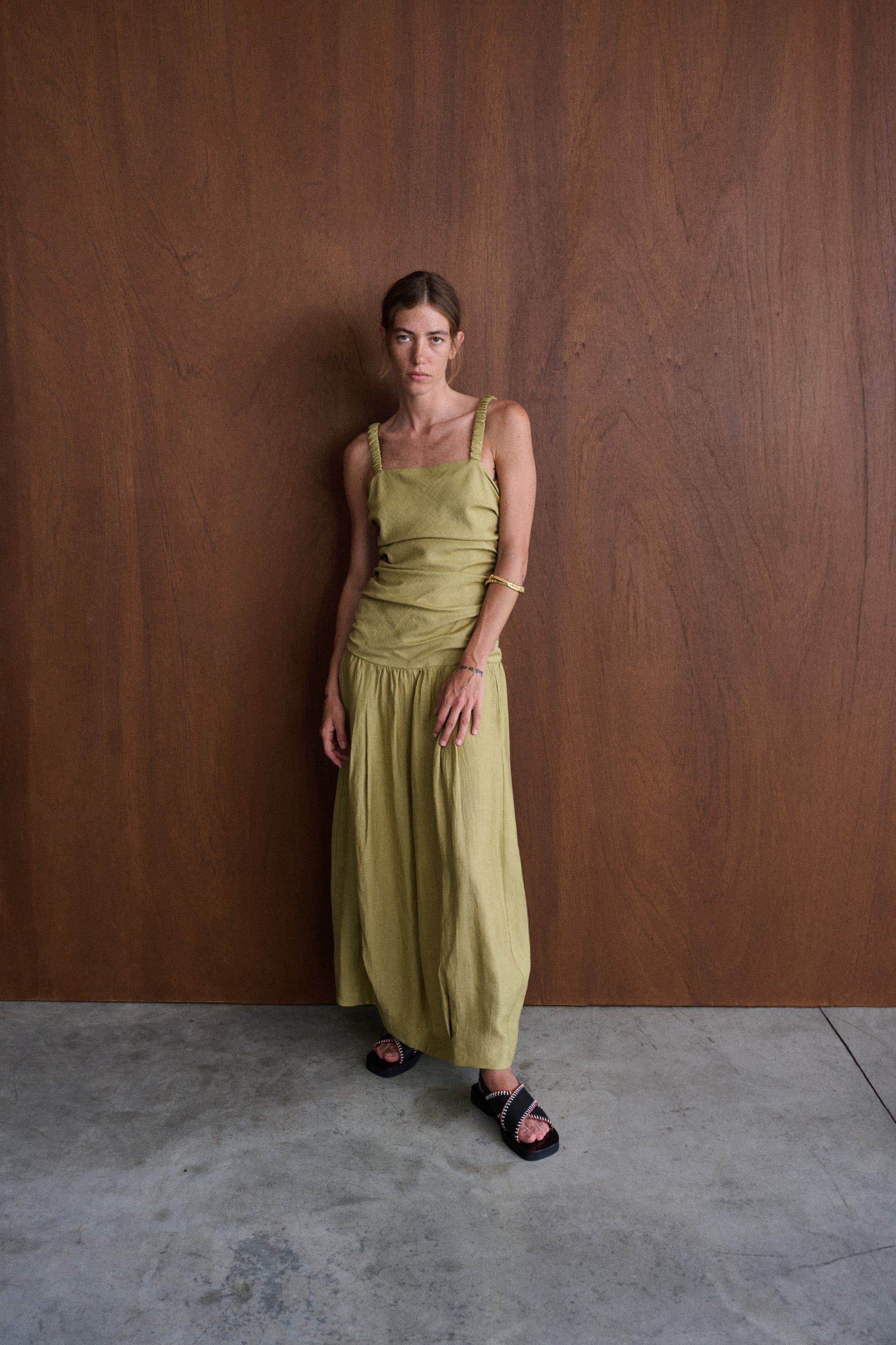 Ruched Pistachio Maxi Dress With Narrow Straps, Cut-Out Detail And Back Bow In Linen-Viscose