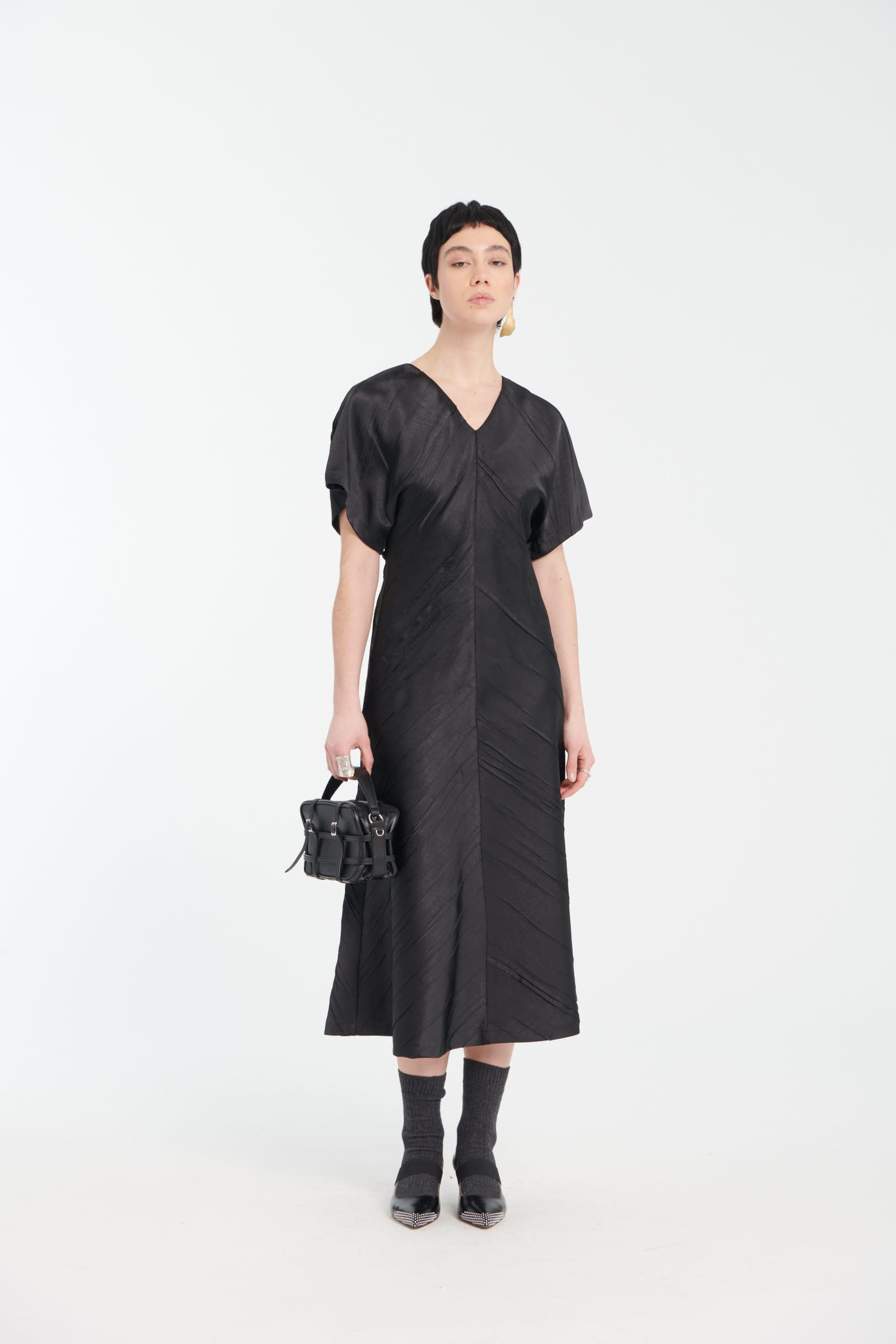 Black Satin Crinkle Short-Sleeve Long Dress