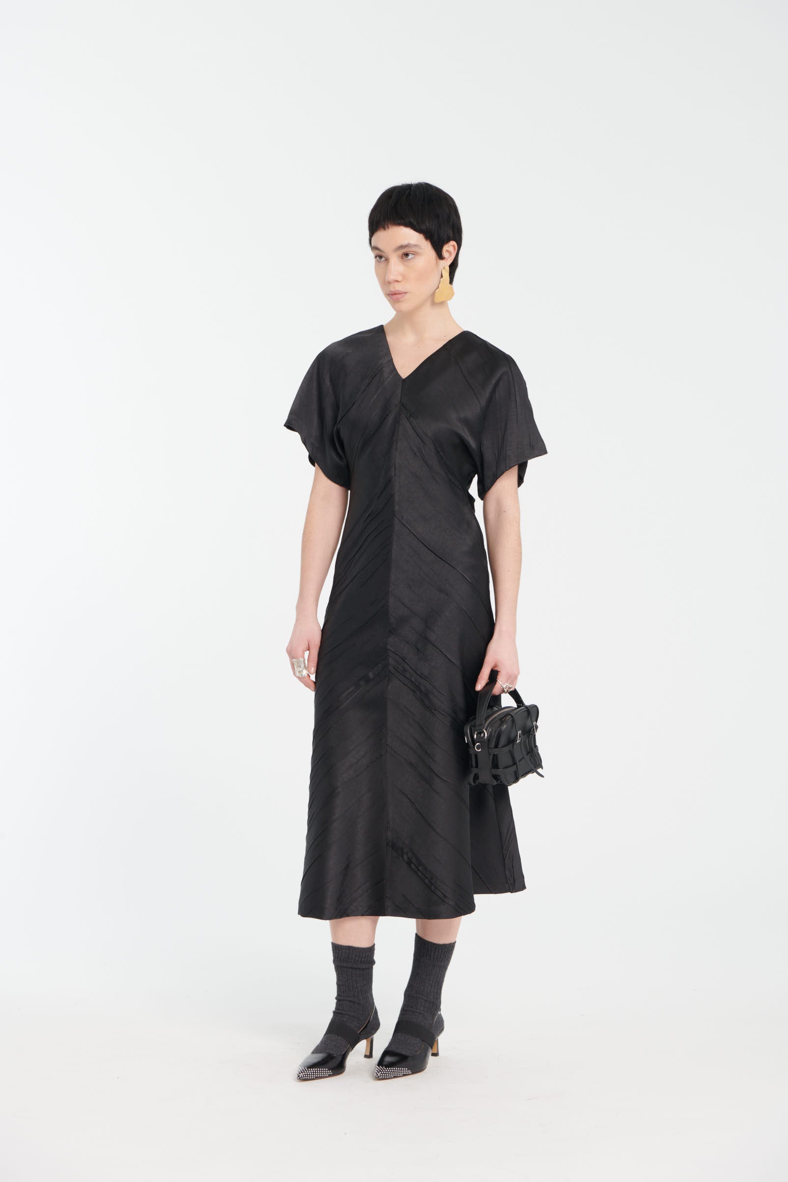 Black Satin Crinkle Short-Sleeve Long Dress