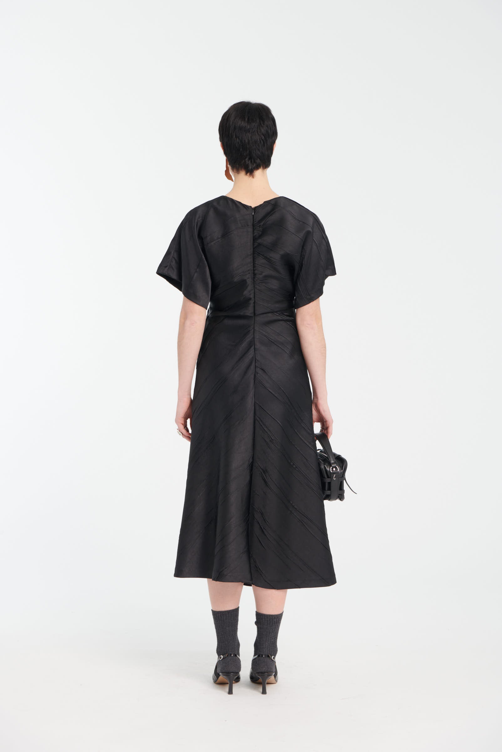 Black Satin Crinkle Short-Sleeve Long Dress