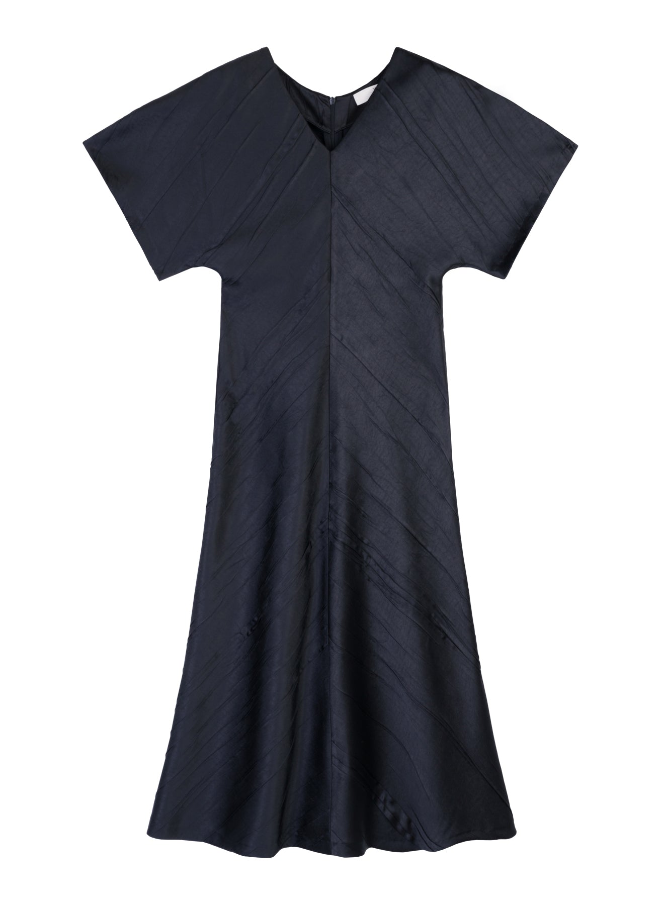 Black Satin Crinkle Short-Sleeve Long Dress