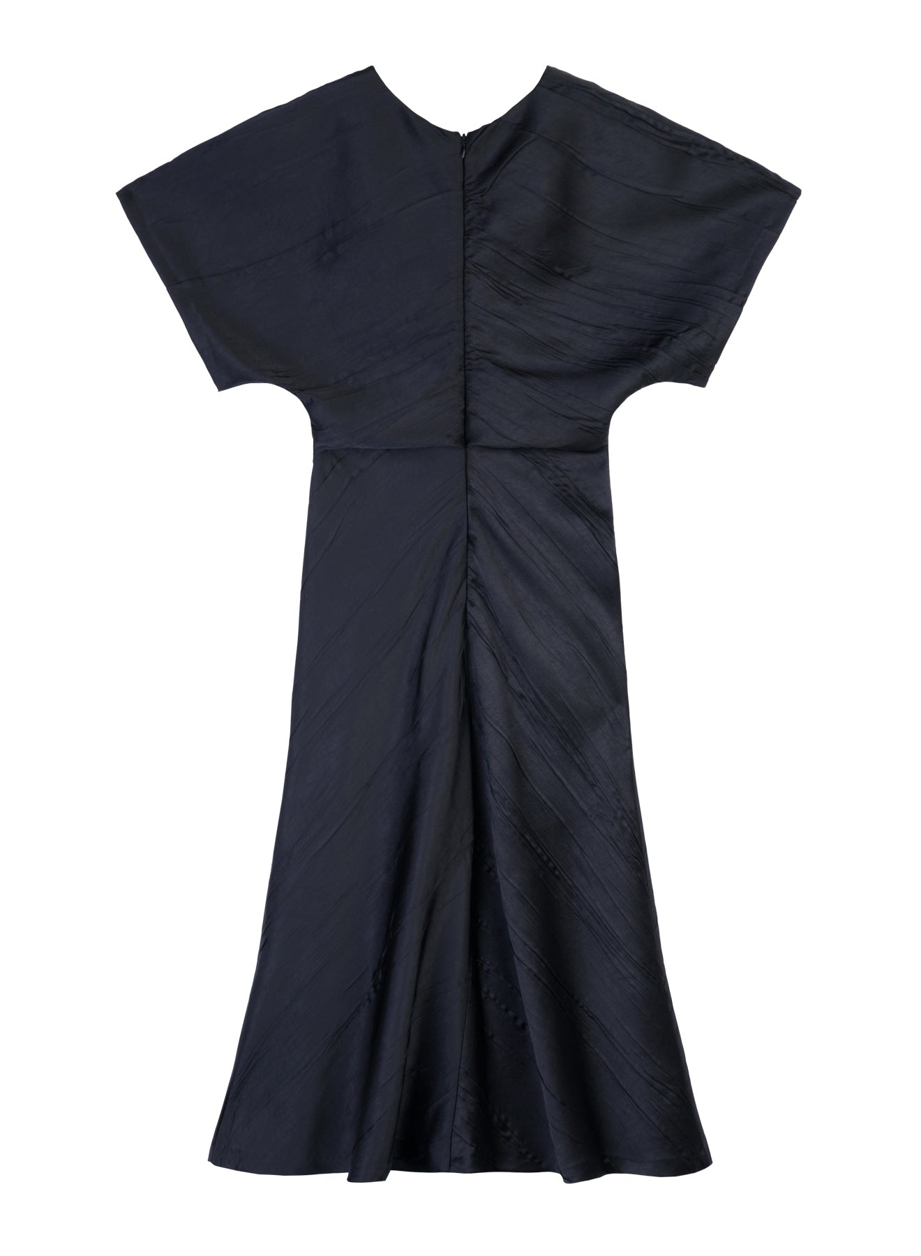 Black Satin Crinkle Short-Sleeve Long Dress