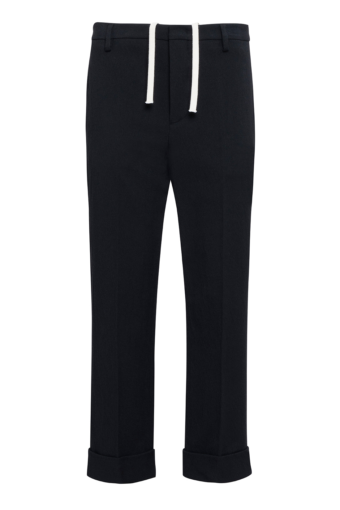 Black Straight-Leg Trousers In Japanese Twill With White Drawstring And Cuffed Hem