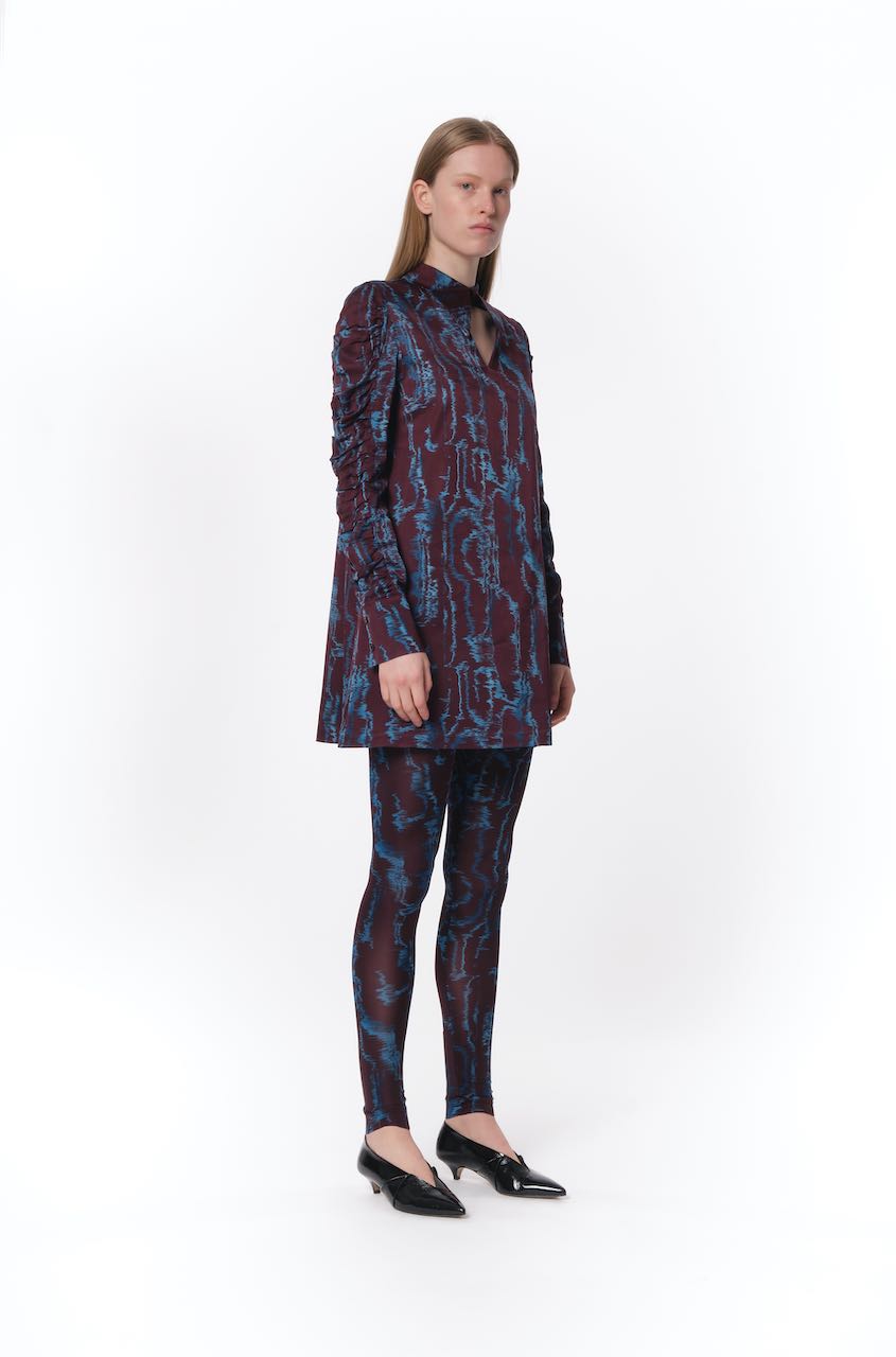 Printed Long-Sleeved Mini Dress In Burgundy And Blue Color