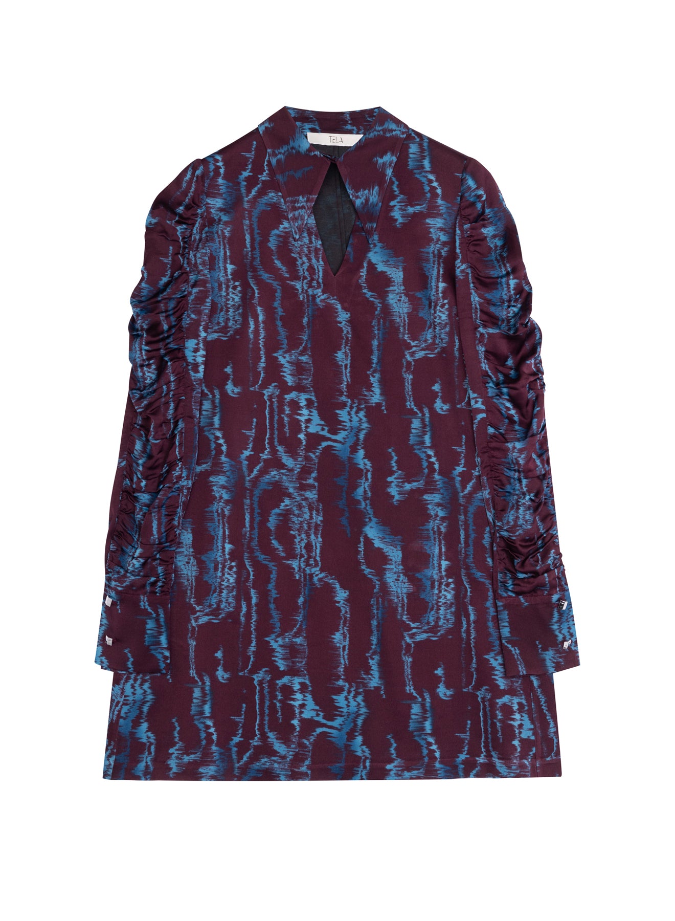 Printed Long-Sleeved Mini Dress In Burgundy And Blue Color