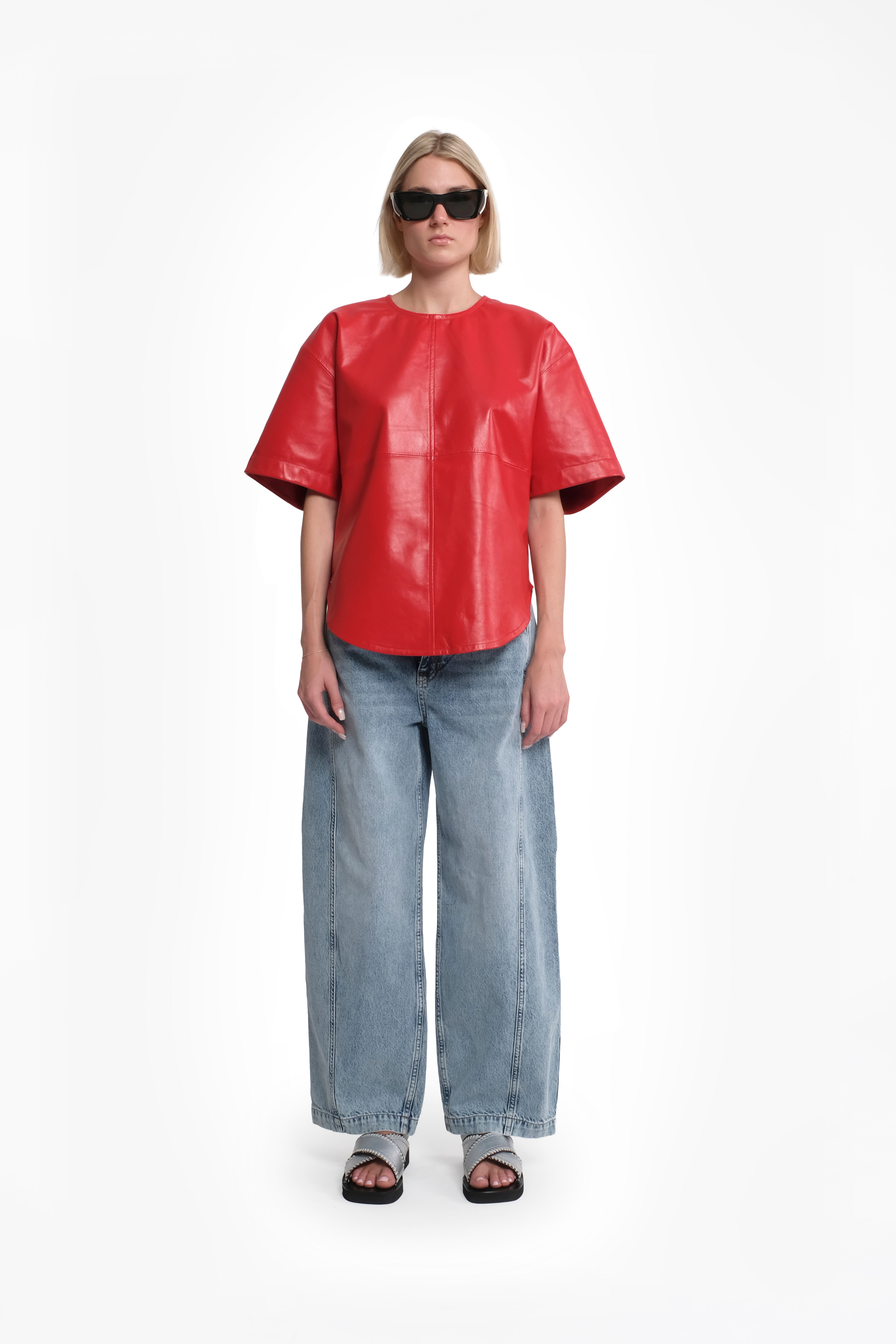 Oversized Shiny Red Leather Short Sleeve Shirt