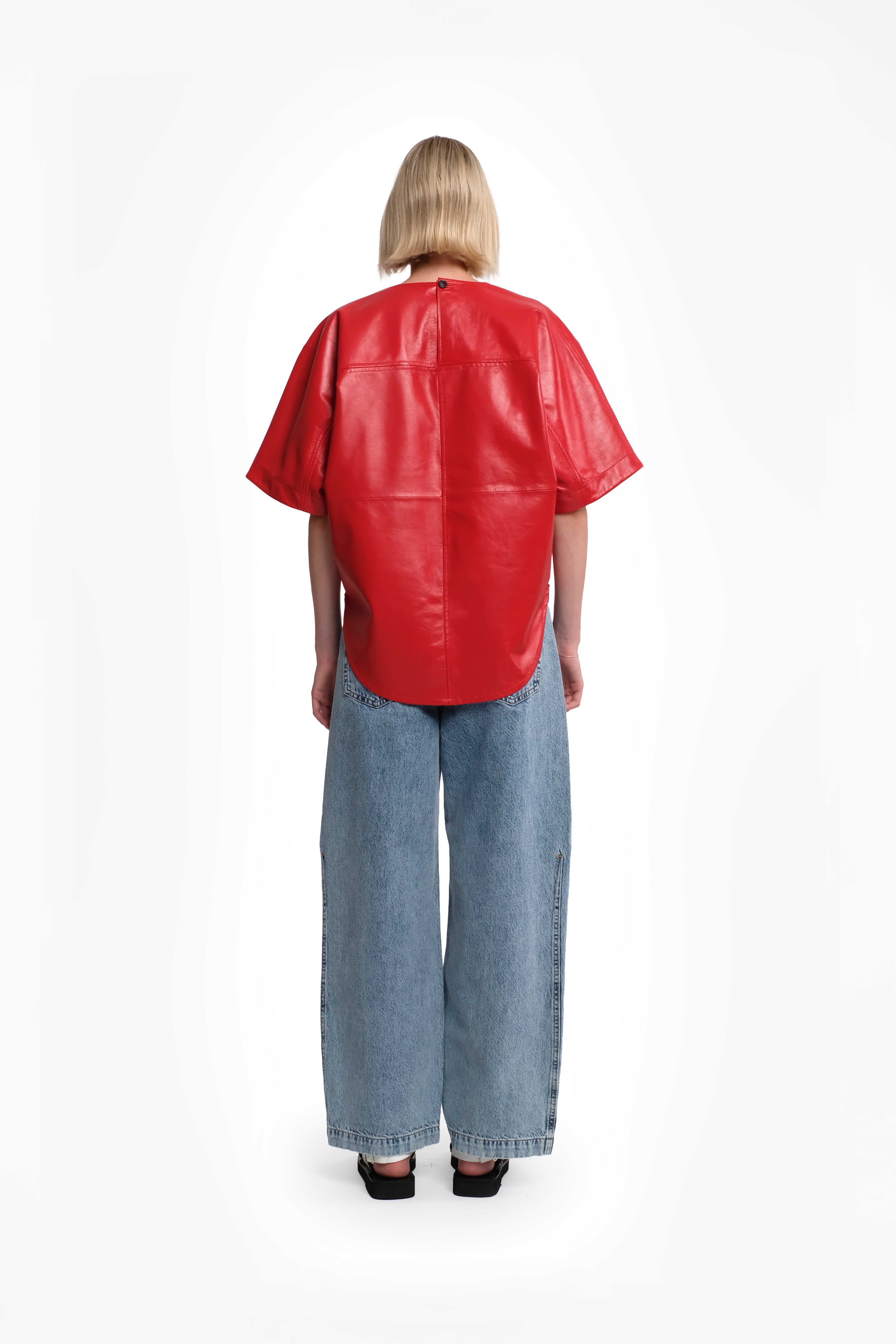 Oversized Shiny Red Leather Short Sleeve Shirt