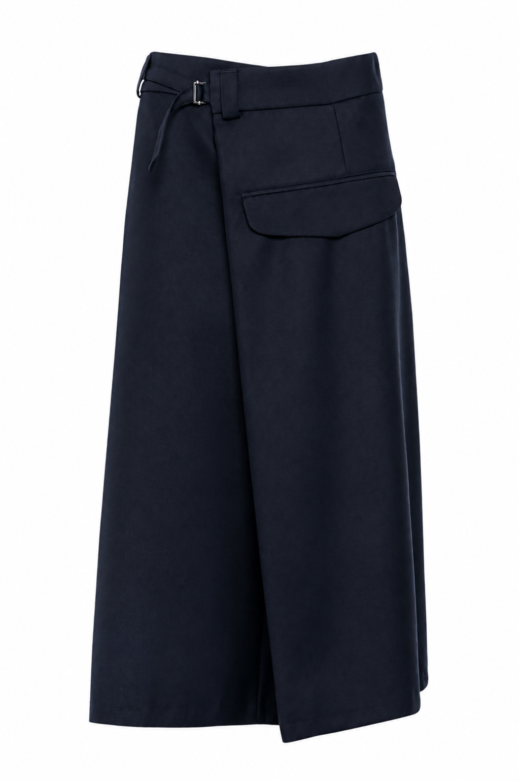 Dark Blue Wool Twill Asymmetric Wrap Midi Skirt
