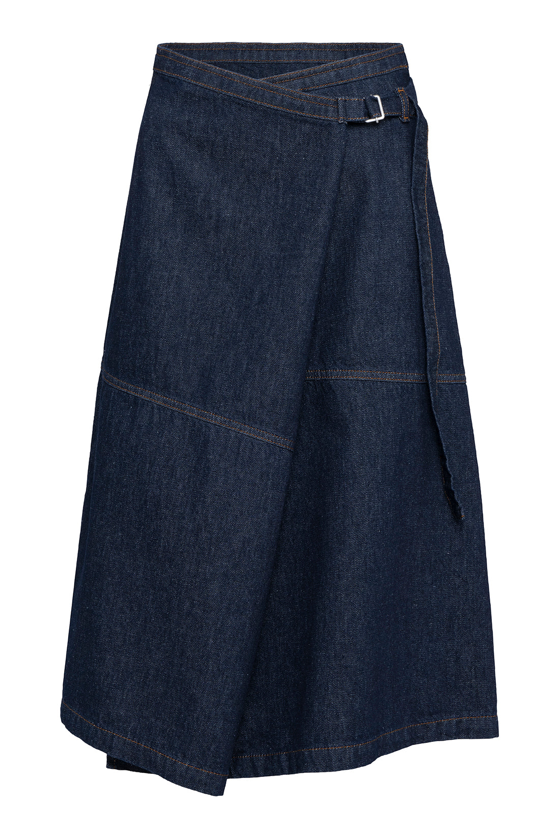 Denim Asymmetric Wrap Midi Skirt