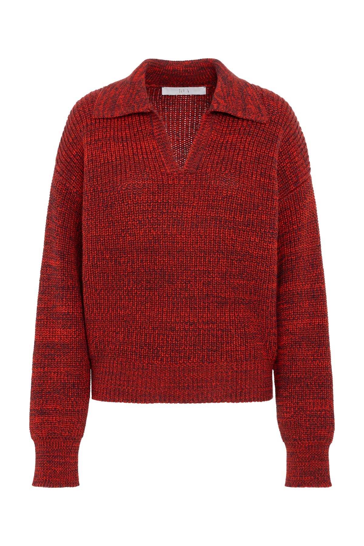 Red Mélange Wool V-Neck Polo Sweater