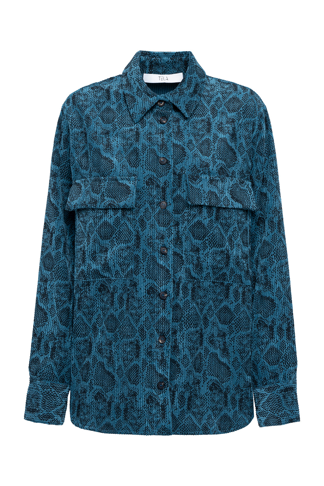 Teal Blue Snakeskin-Print Shirt With Front Buttons