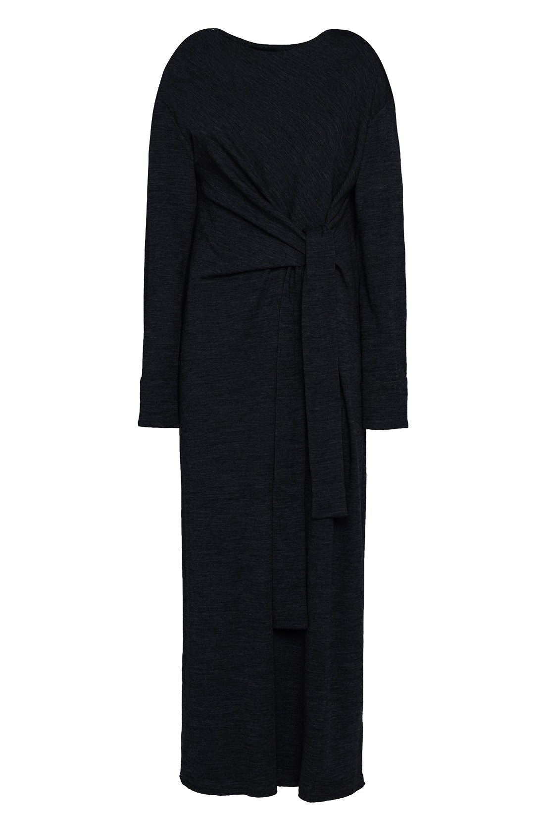 Maxi Long-Sleeve Black Wool Dress With Crossover Detail