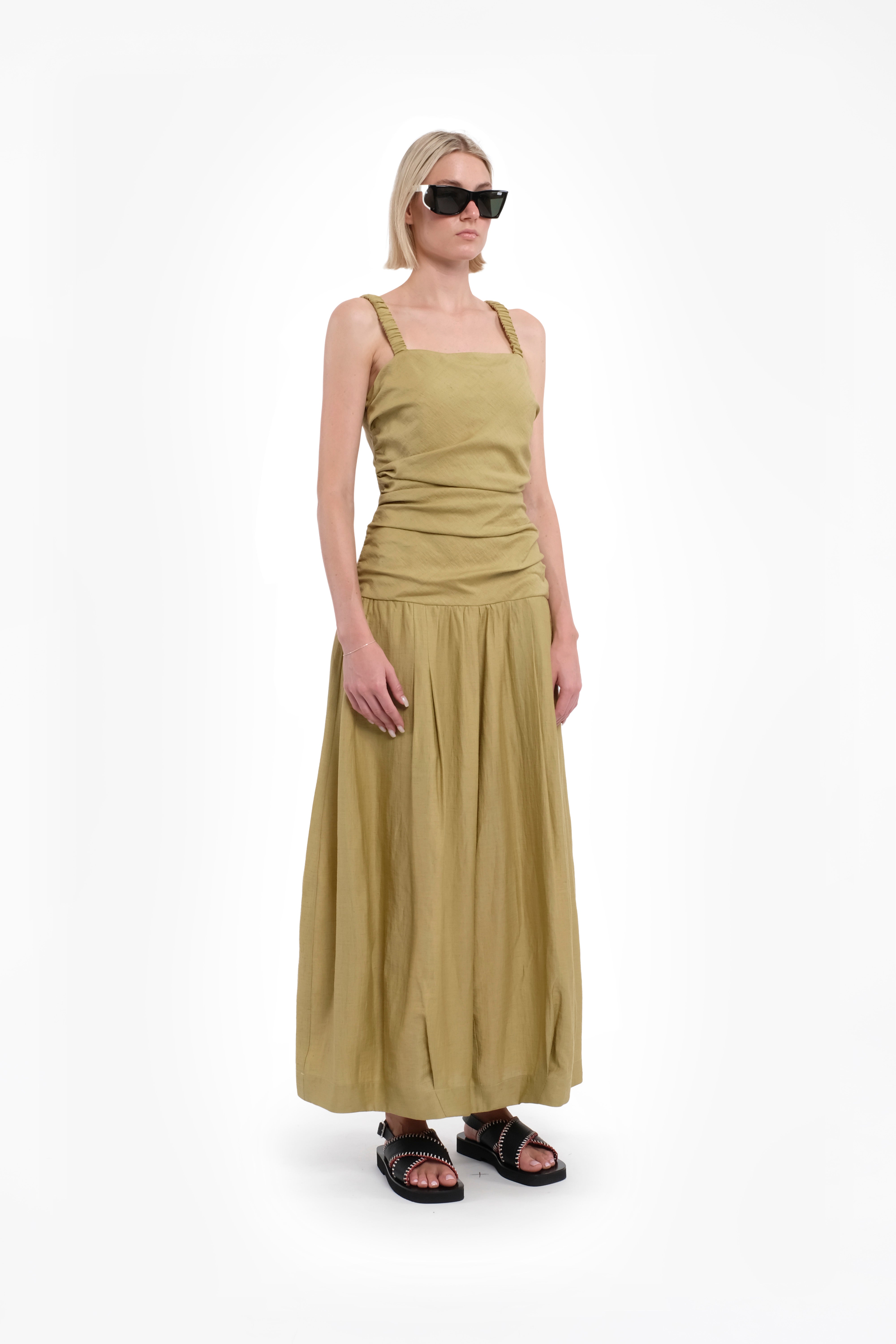 Ruched Pistachio Maxi Dress With Narrow Straps, Cut-Out Detail And Back Bow In Linen-Viscose