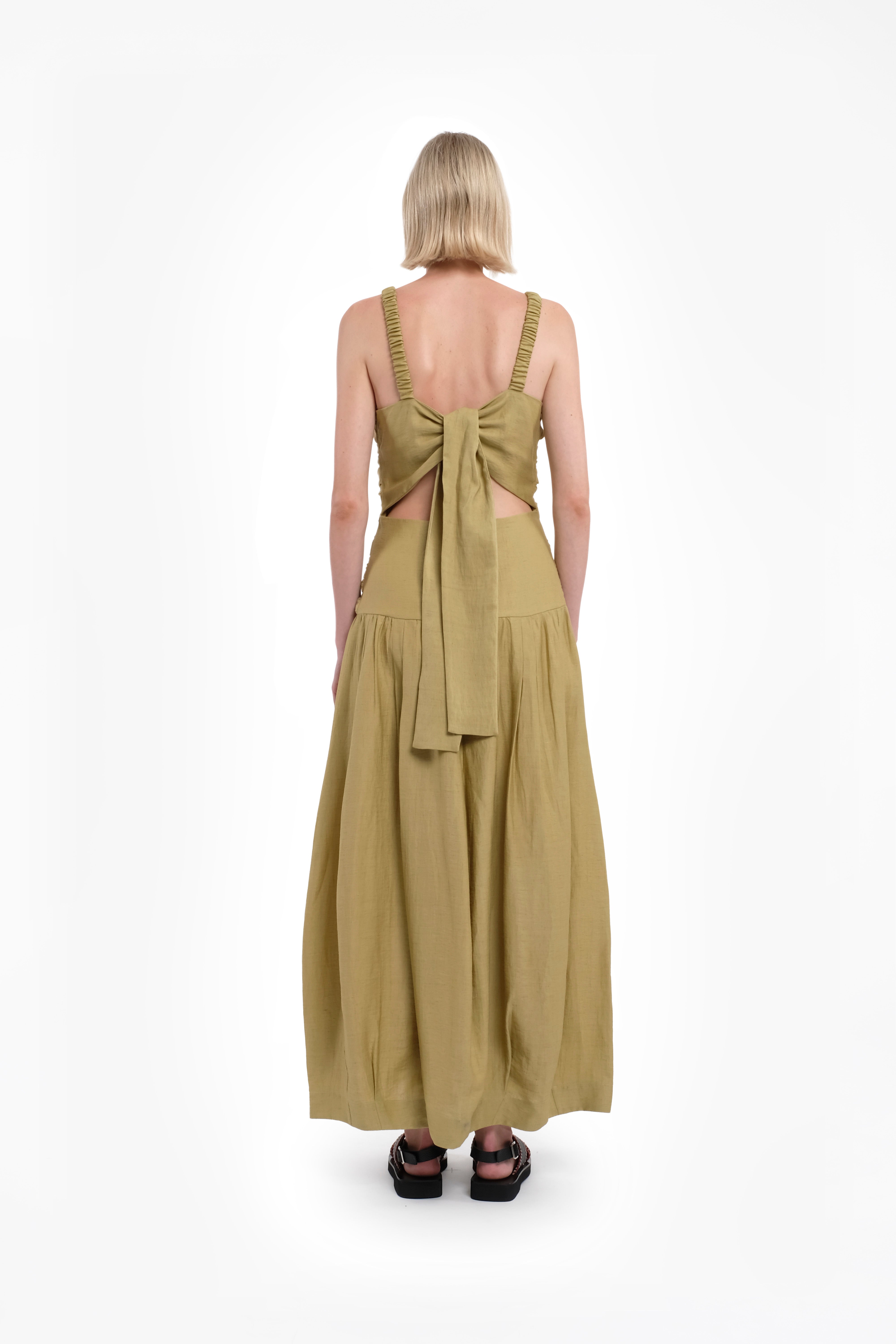 Ruched Pistachio Maxi Dress With Narrow Straps, Cut-Out Detail And Back Bow In Linen-Viscose