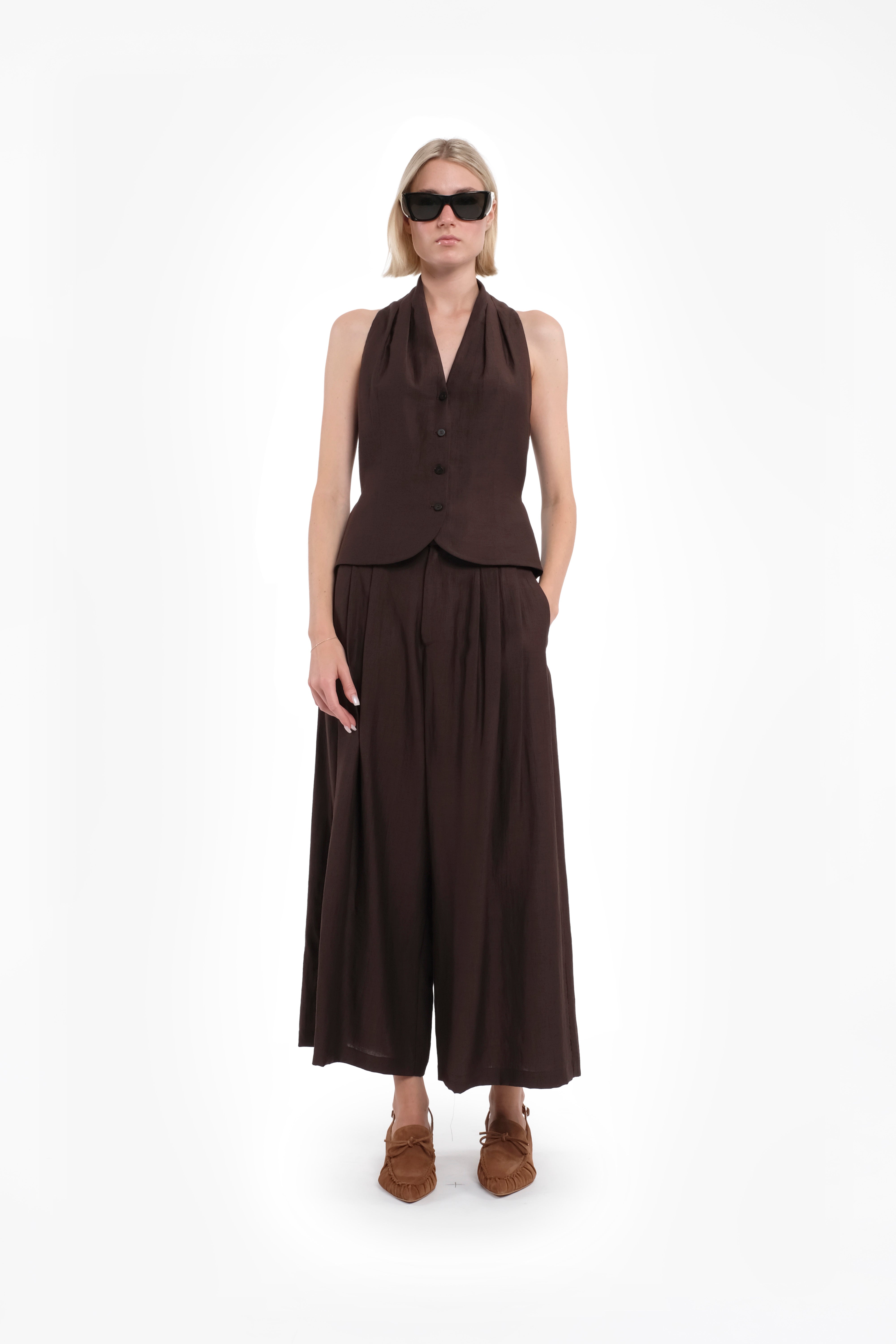 Chocolate Brown Linen-Viscose Vest With Buttons