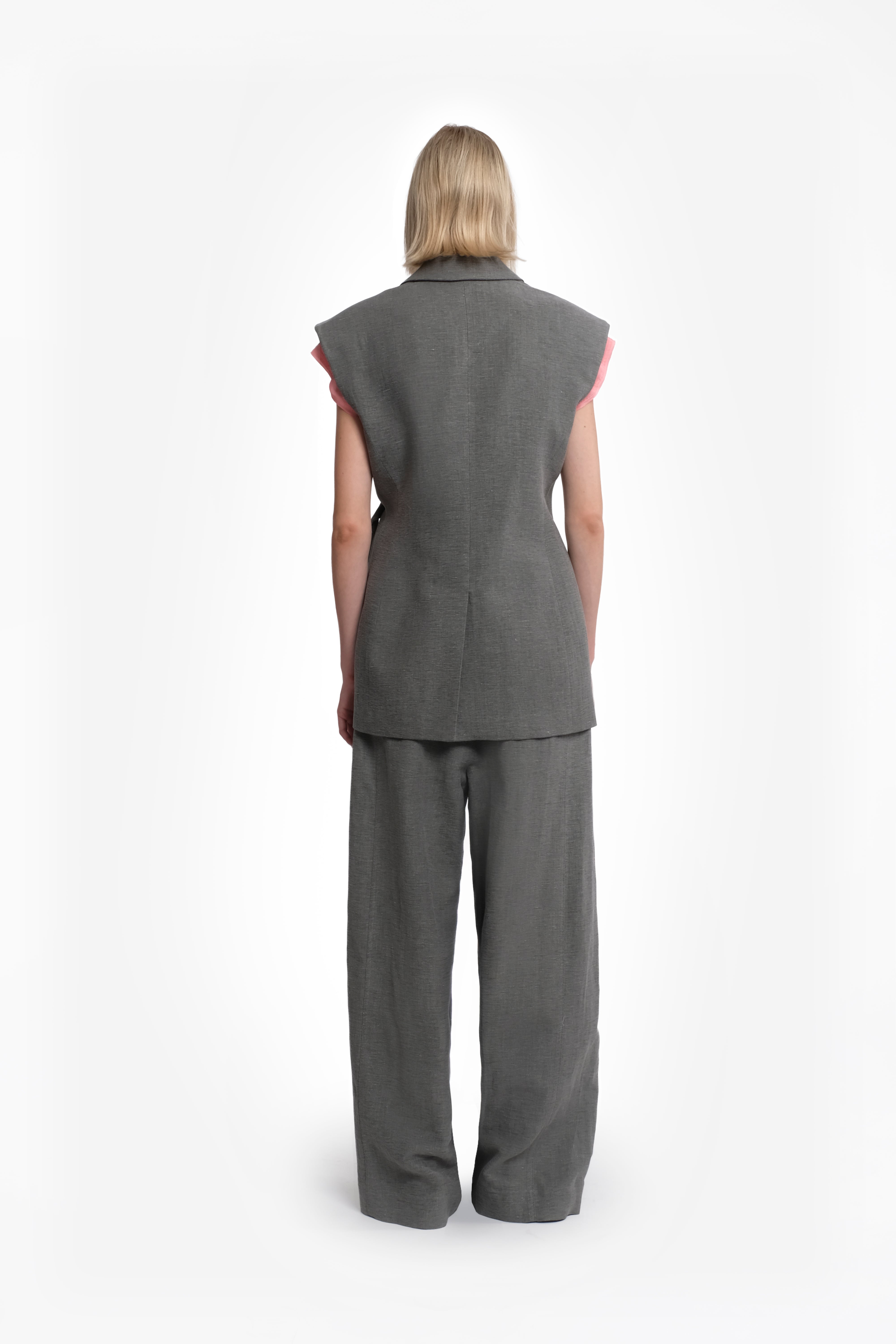 Grey Linen Vest With Adjustable Button