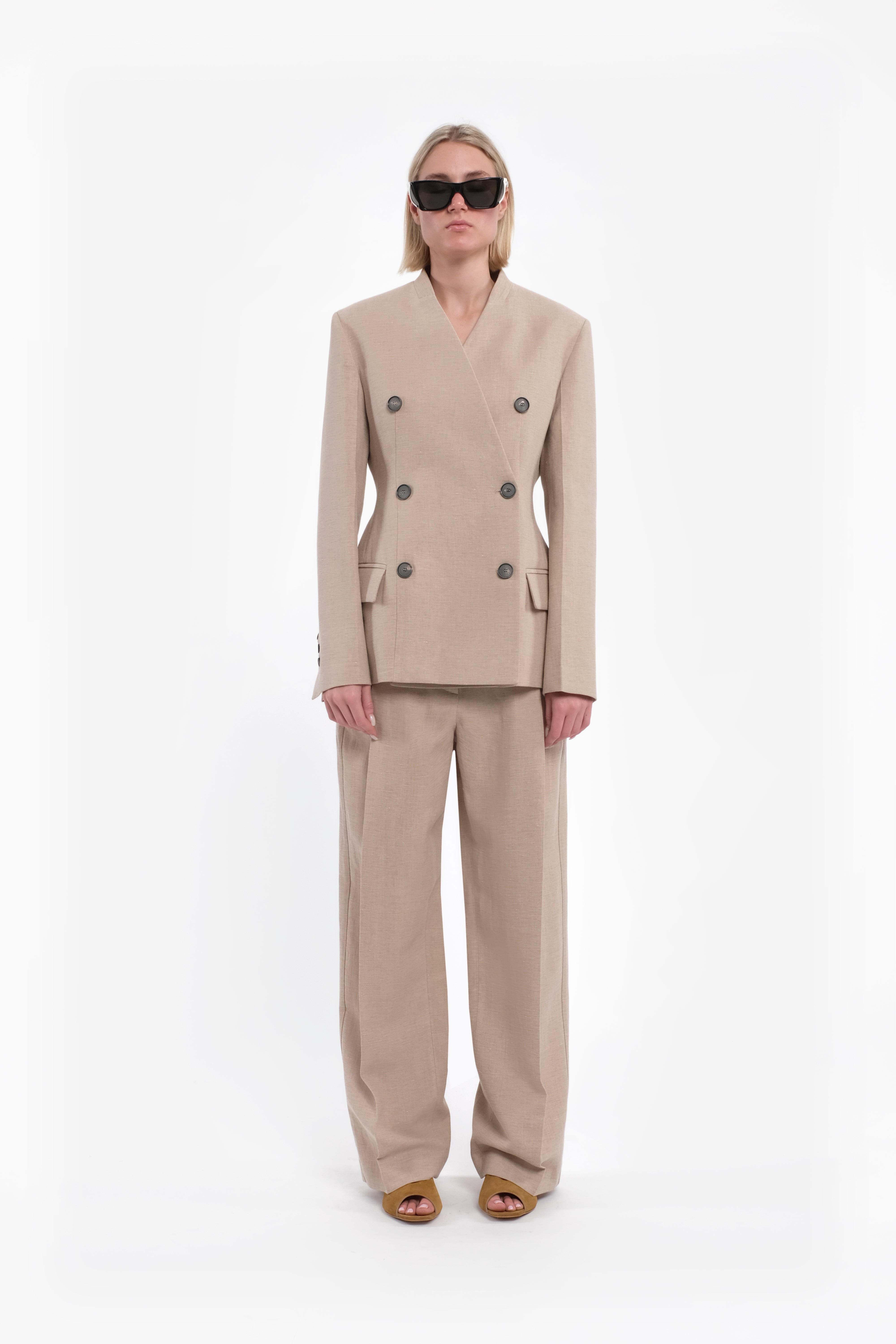 Beige Double-Breasted Collarless Linen Blazer Jacket