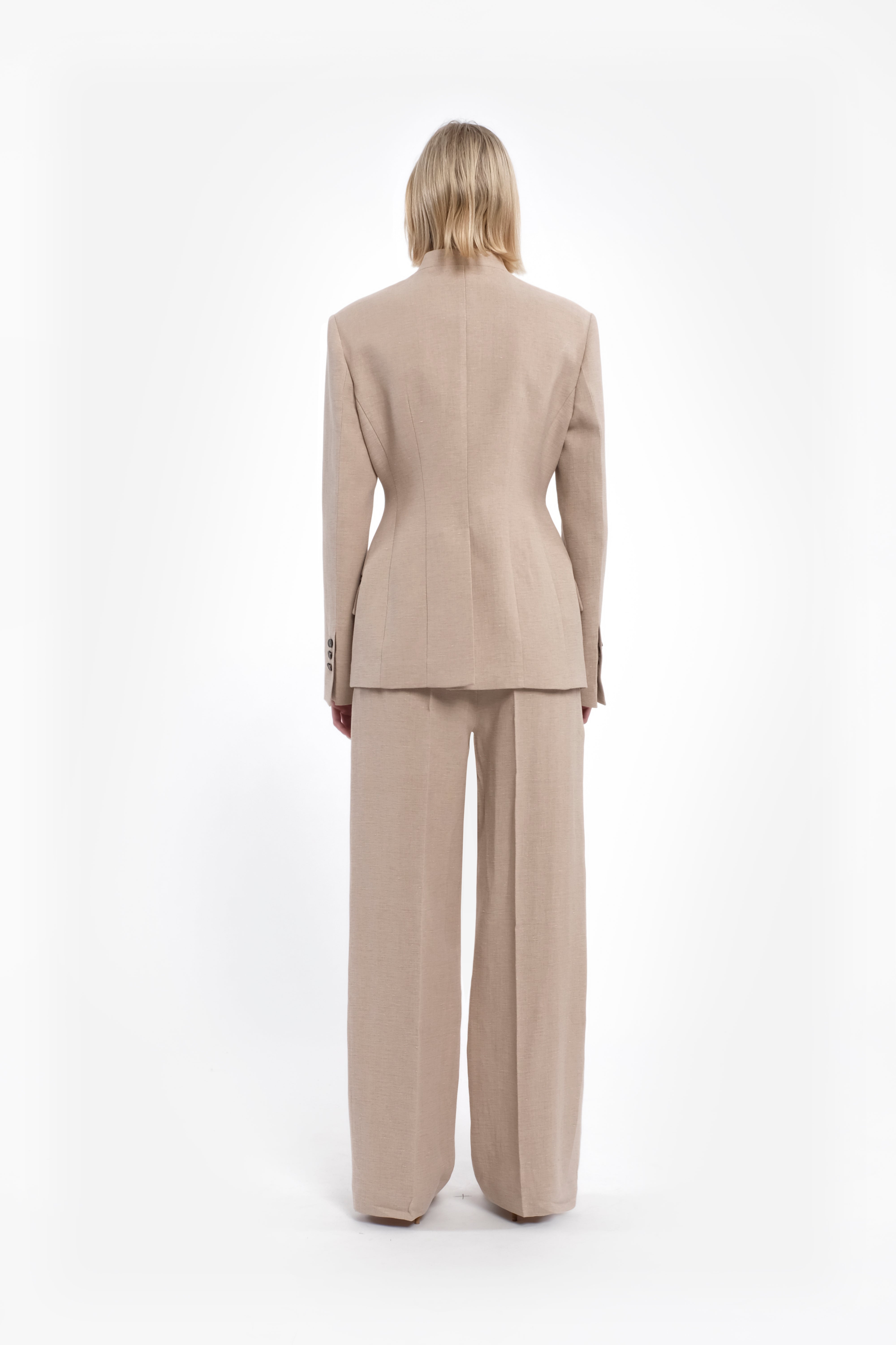 Beige Double-Breasted Collarless Linen Blazer Jacket