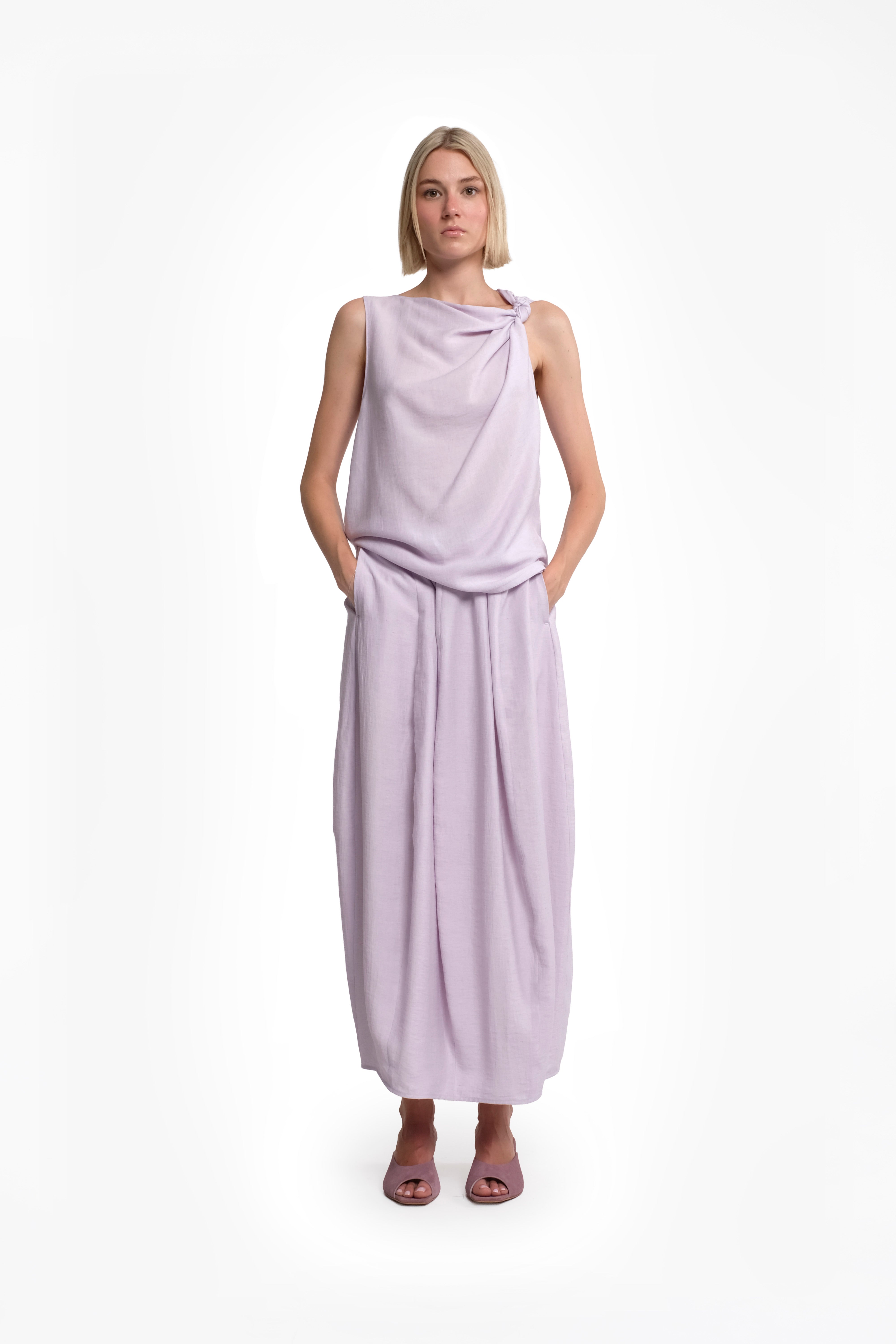 Sleeveless Lilac Linen-Viscose Top With Twisted One-Shoulder