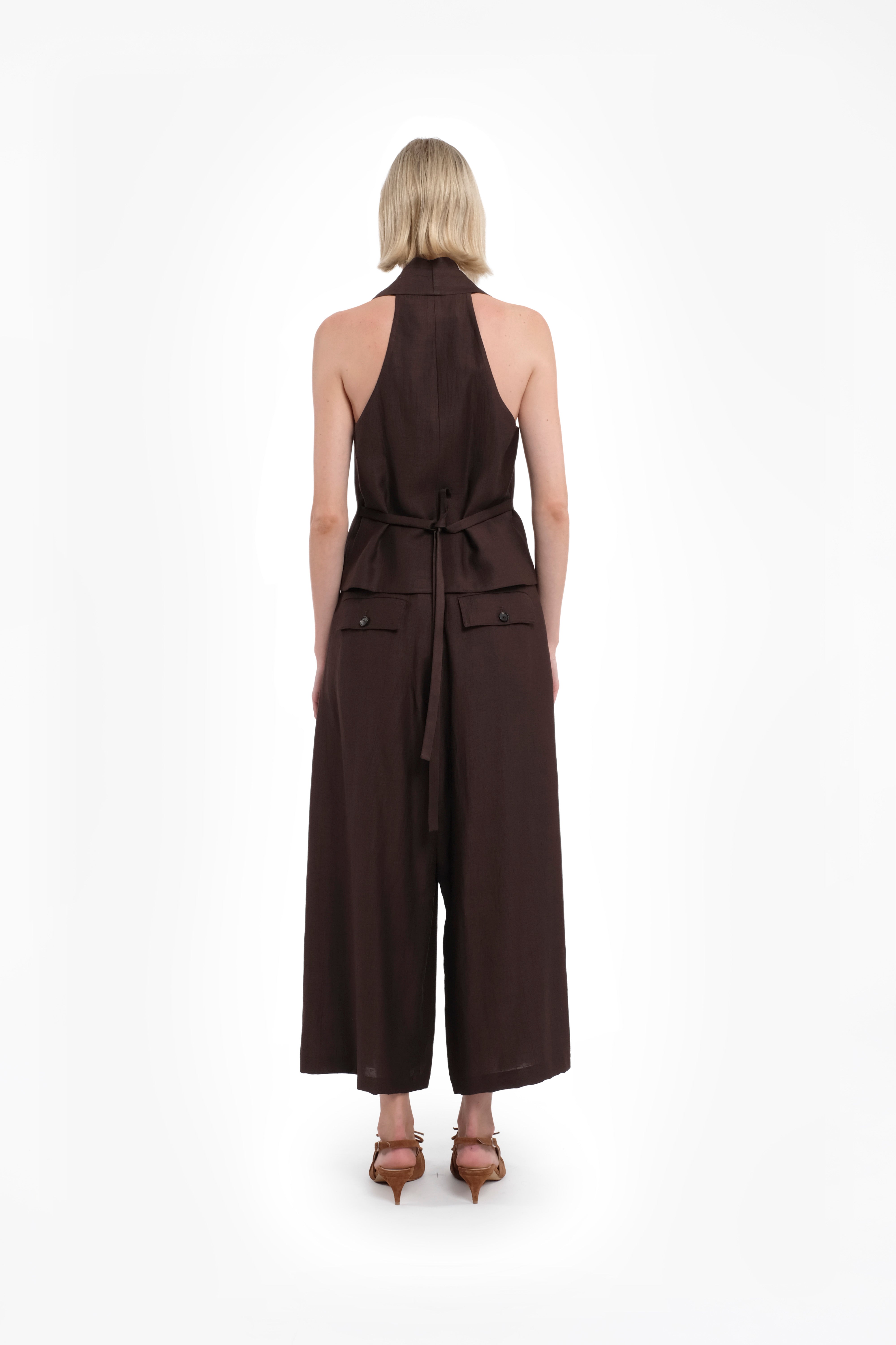 Wide Culotte Pants In Chocolate Brown Linen-Viscose