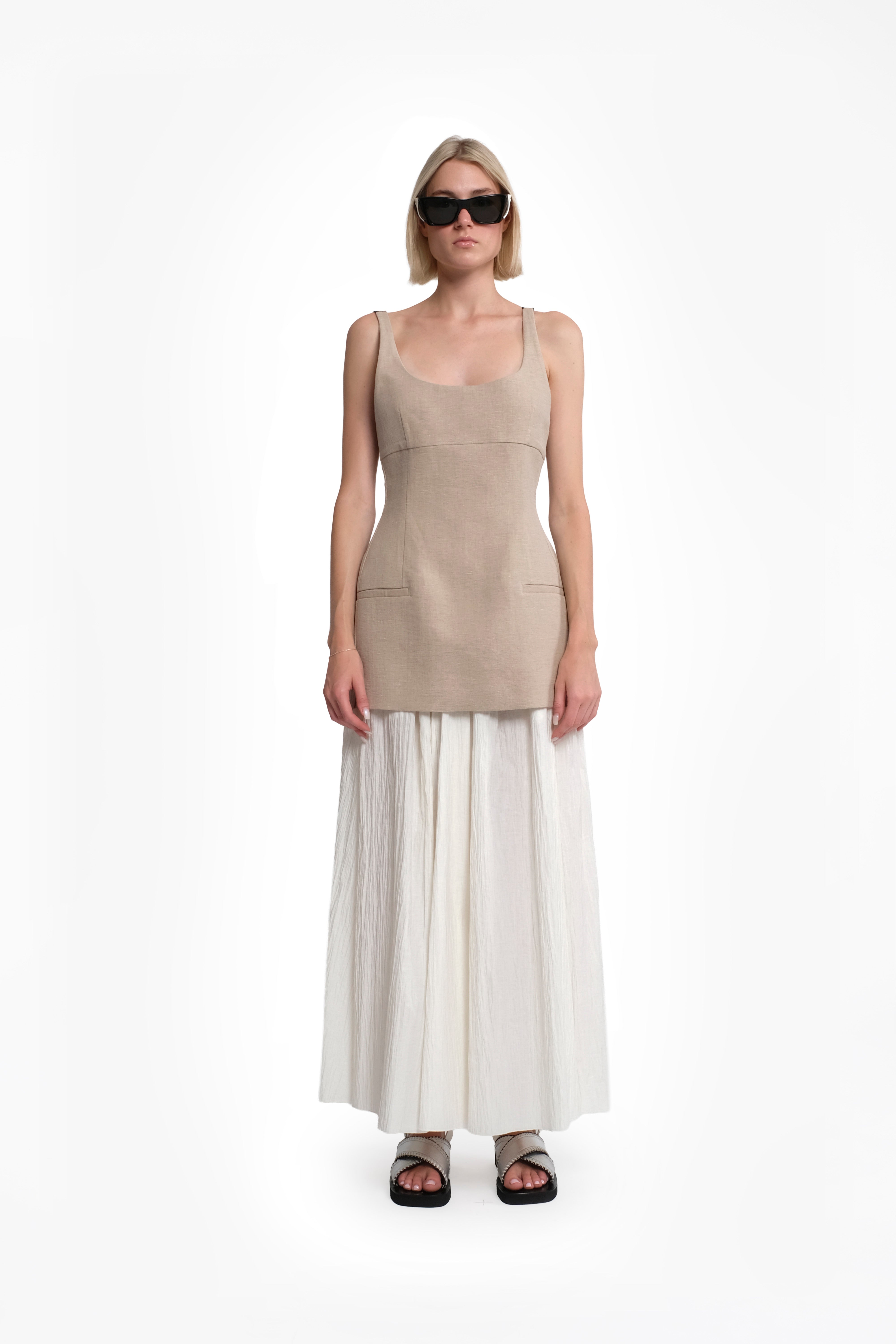 Sleeveless Elegant Mini Linen Dress In Beige With Contrasting Black Strap