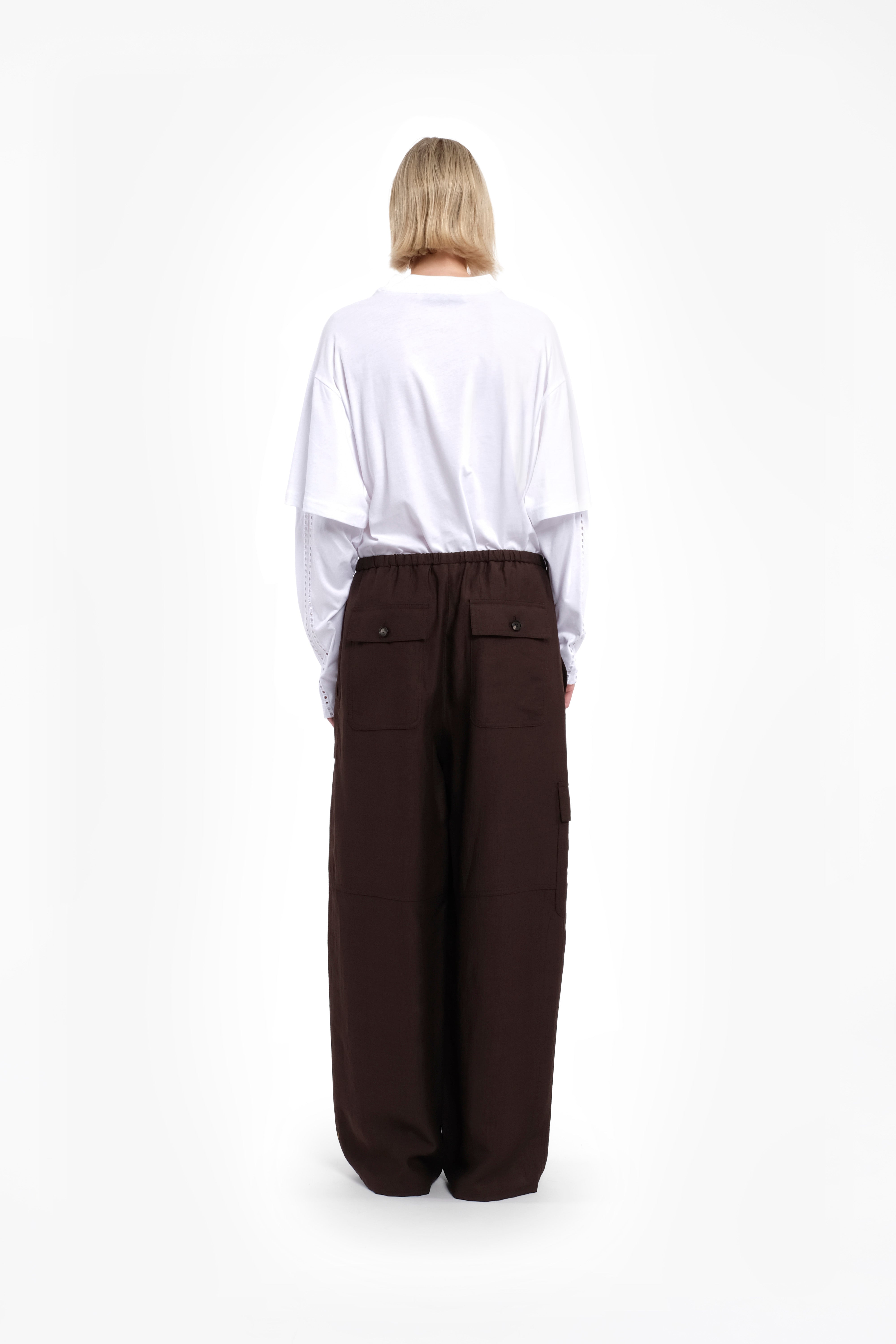 Wide Cargo Pants With Pockets In Chocolate Brown Linen-Viscose