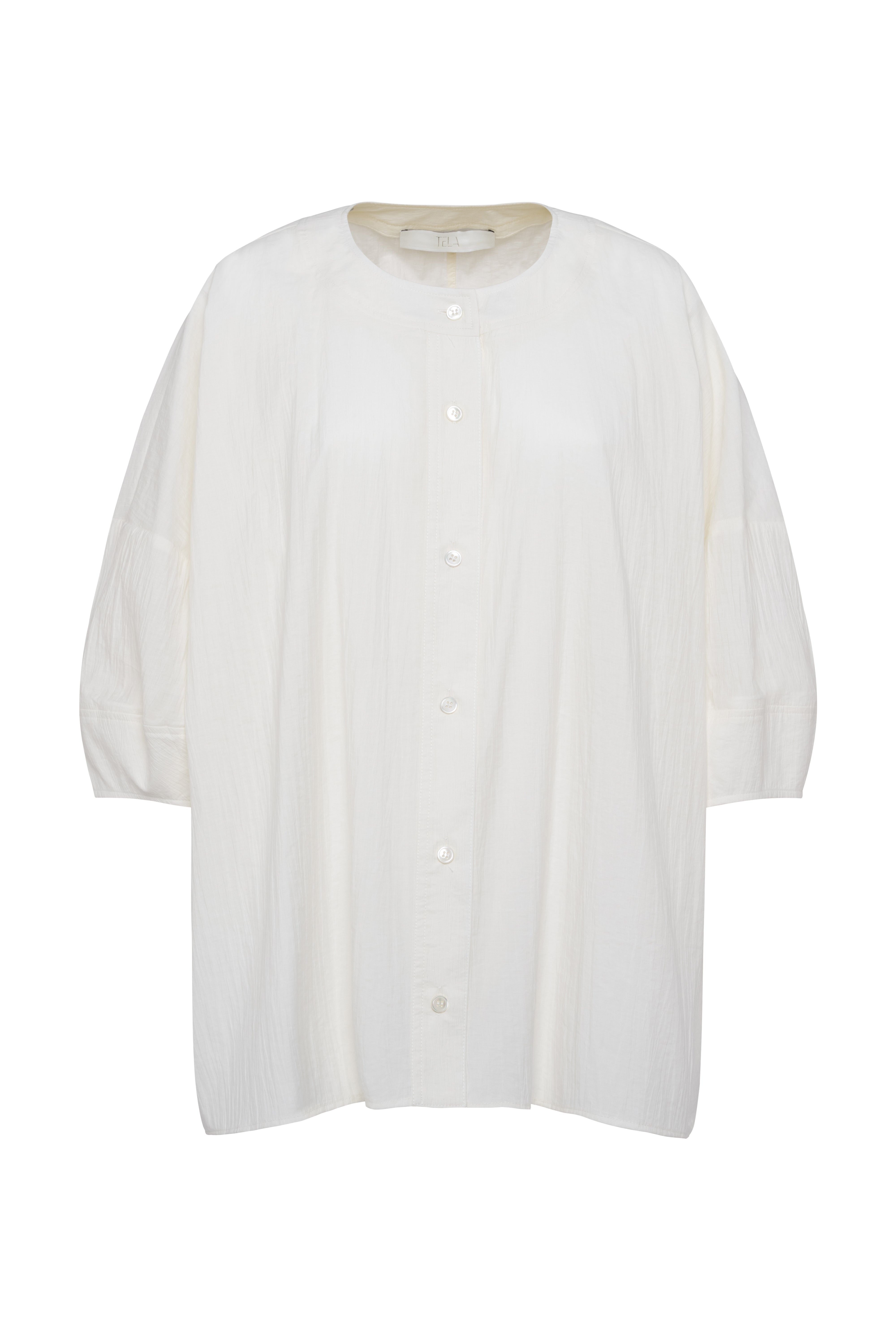 White Oversized Shirt With 3/4 Sleeves In Crinkled Cotton