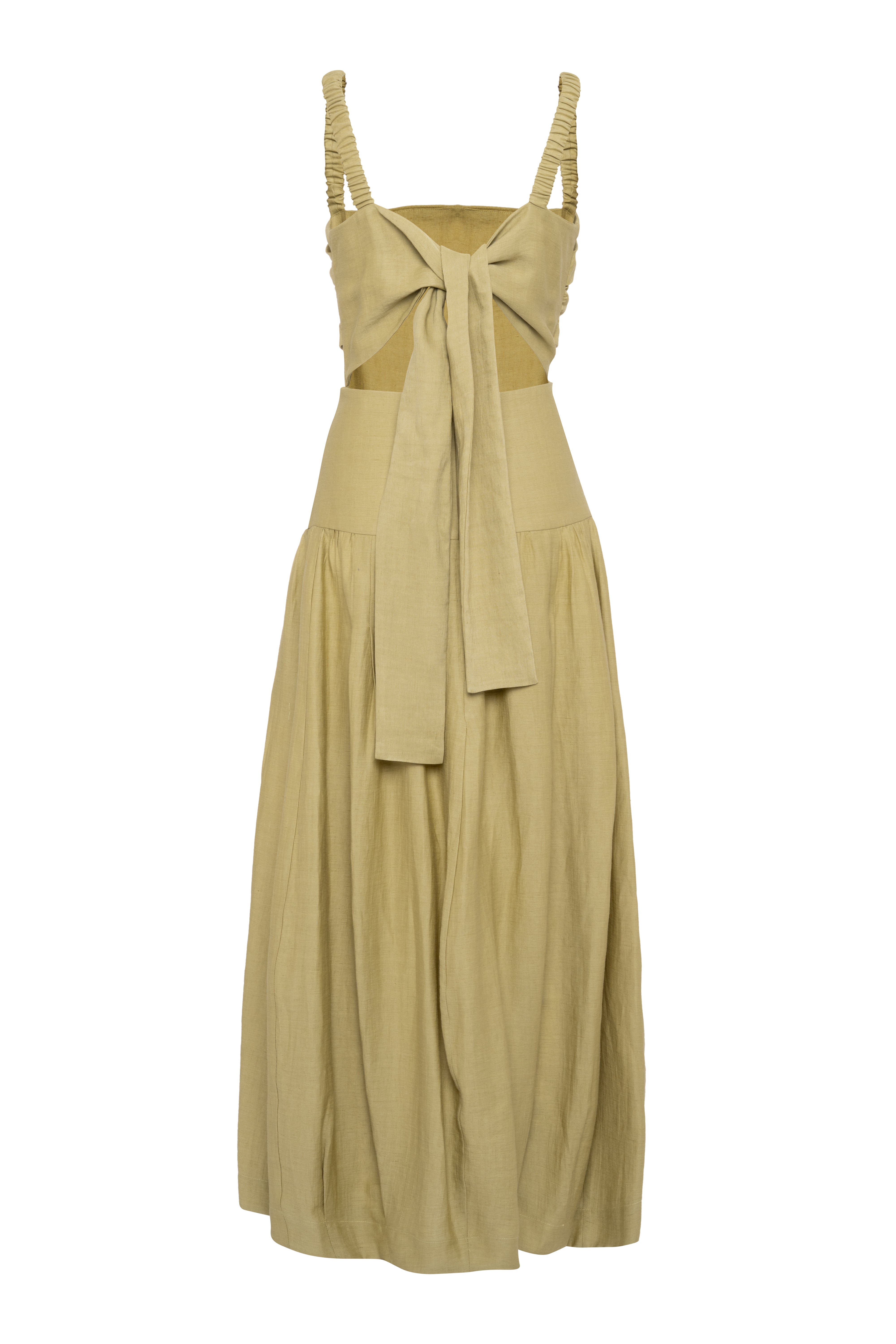 Ruched Pistachio Maxi Dress With Narrow Straps, Cut-Out Detail And Back Bow In Linen-Viscose