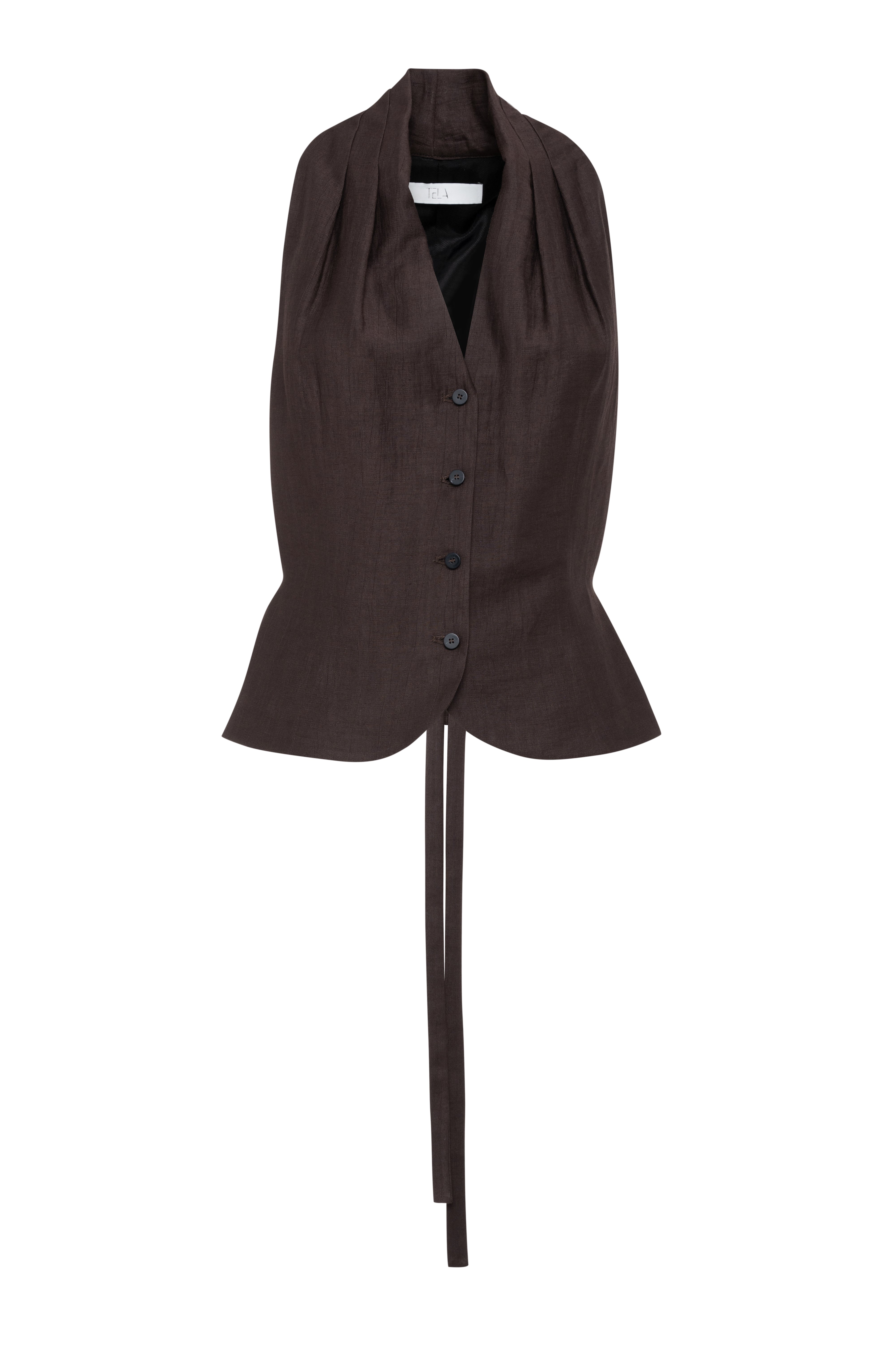 Chocolate Brown Linen-Viscose Vest With Buttons