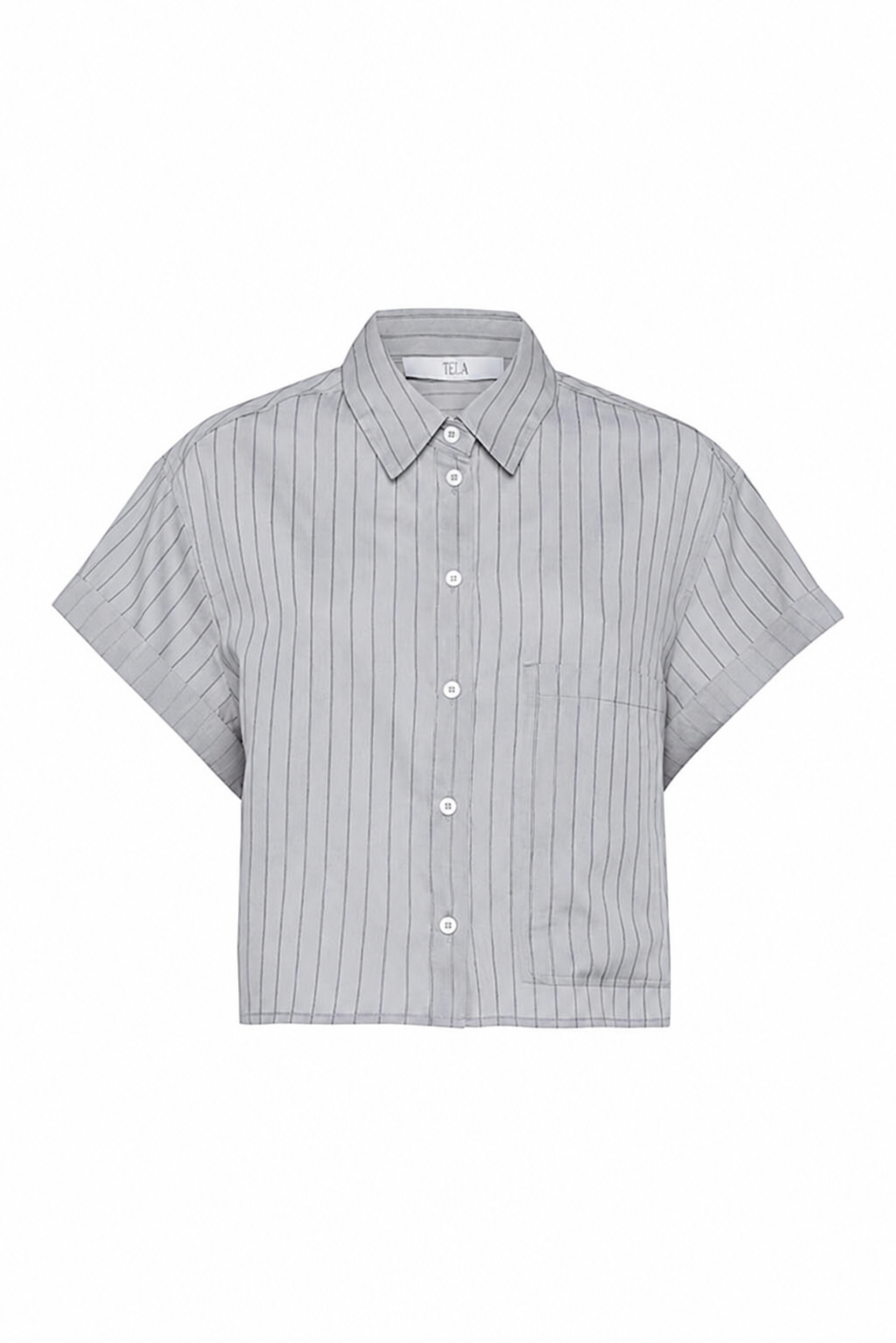Camicia crop a maniche corte colore grigio chiaro con righe verticali e bottoni