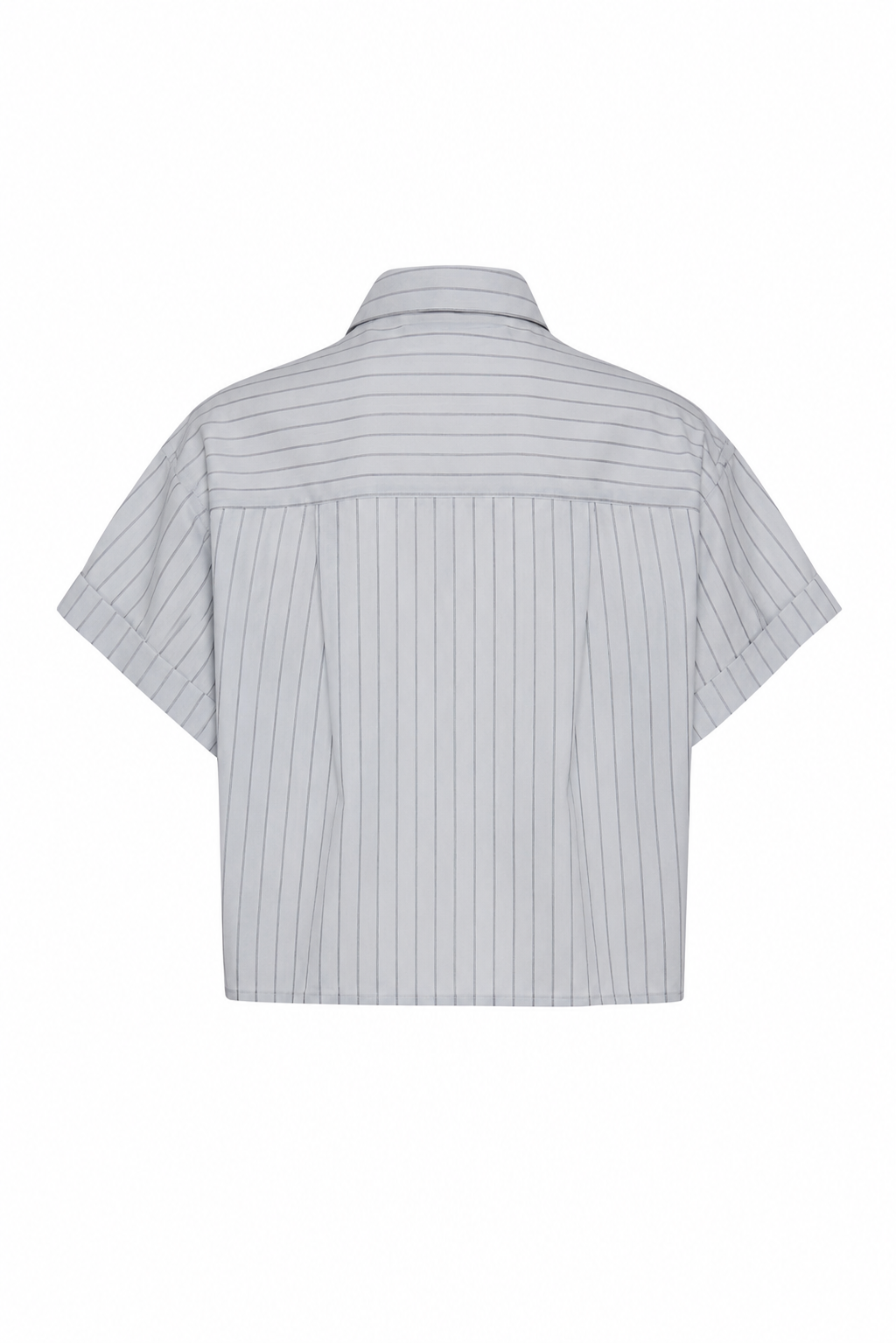 Camicia crop a maniche corte colore grigio chiaro con righe verticali e bottoni