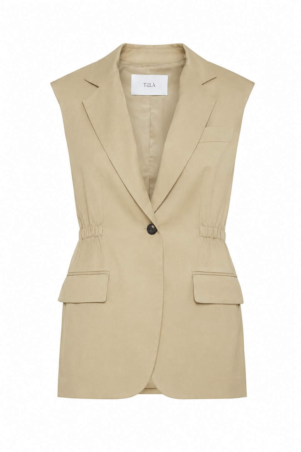 Gilet monopetto colore beige con bottoni e arricciatura in vita in viscosa