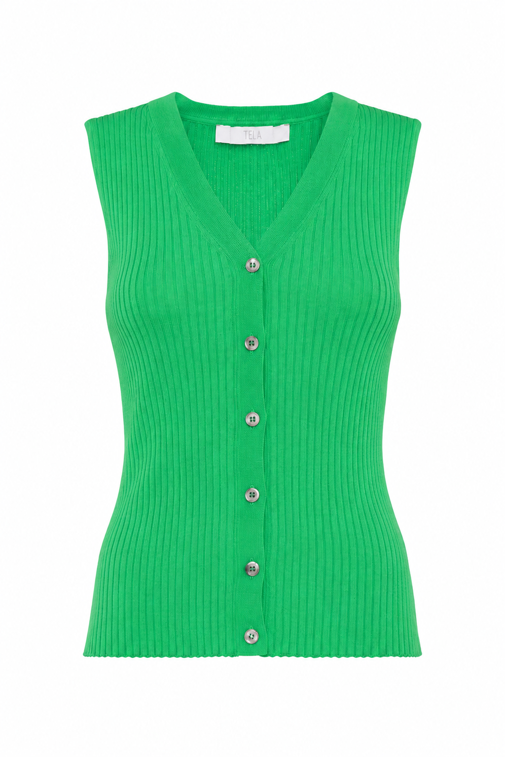 Gilet in maglia verde brillante con scollo a V e chiusura frontale con bottoni