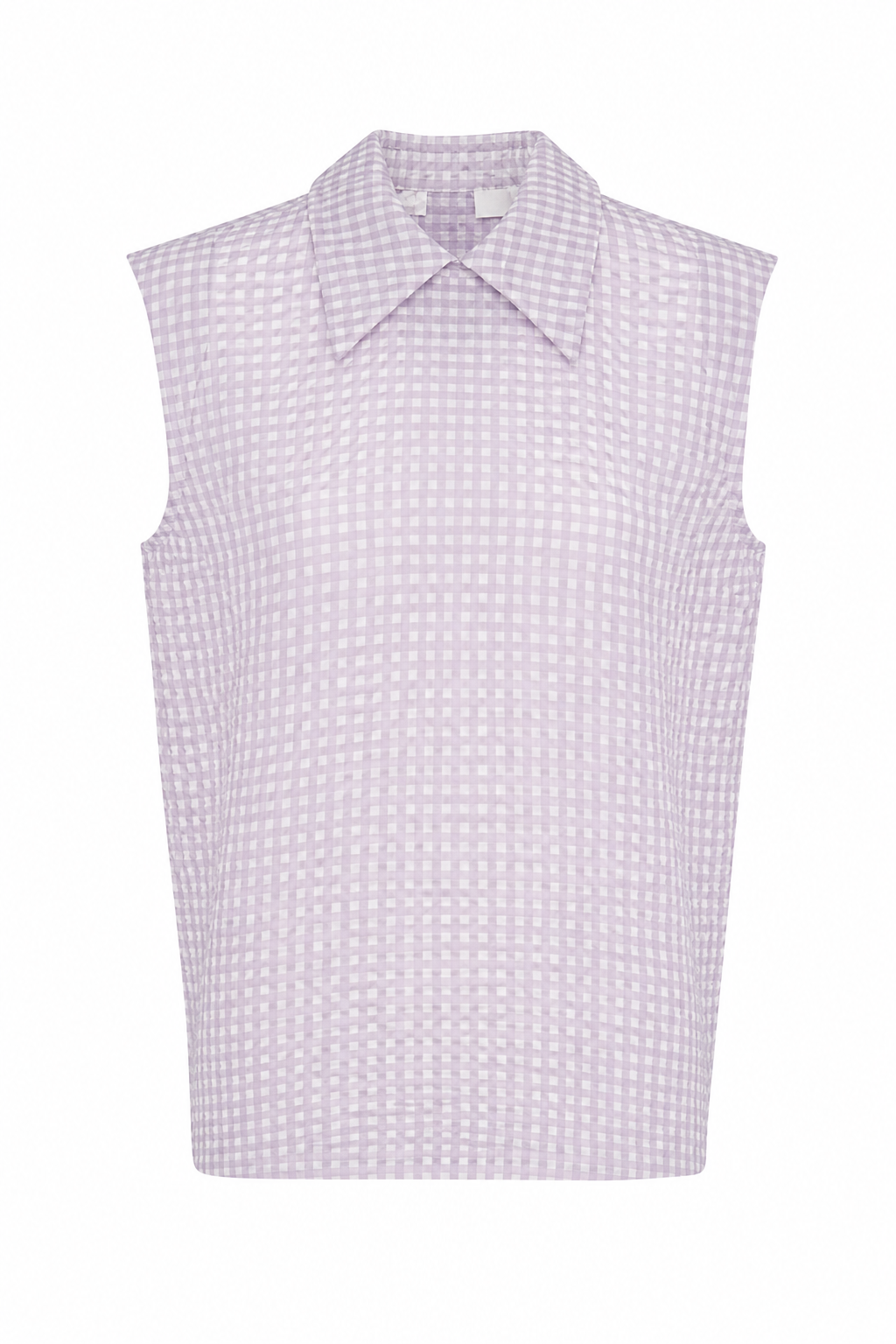 Top senza maniche a quadri lilla e bianco con colletto da camicia