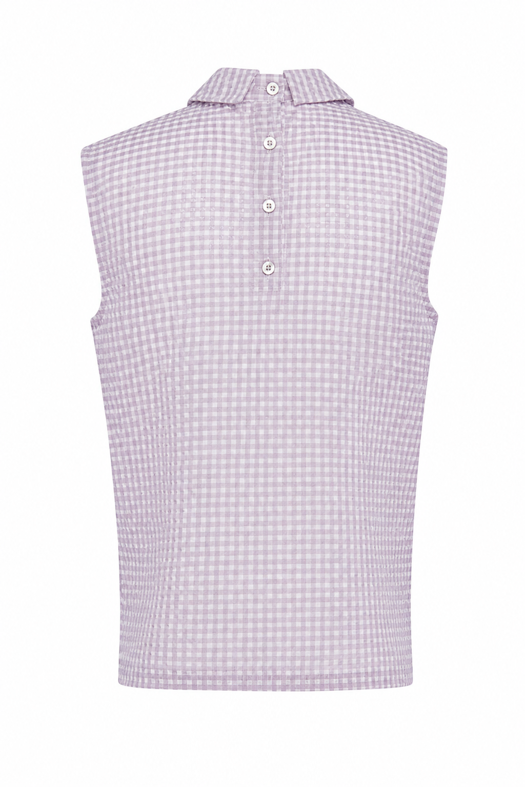 Top senza maniche a quadri lilla e bianco con colletto da camicia