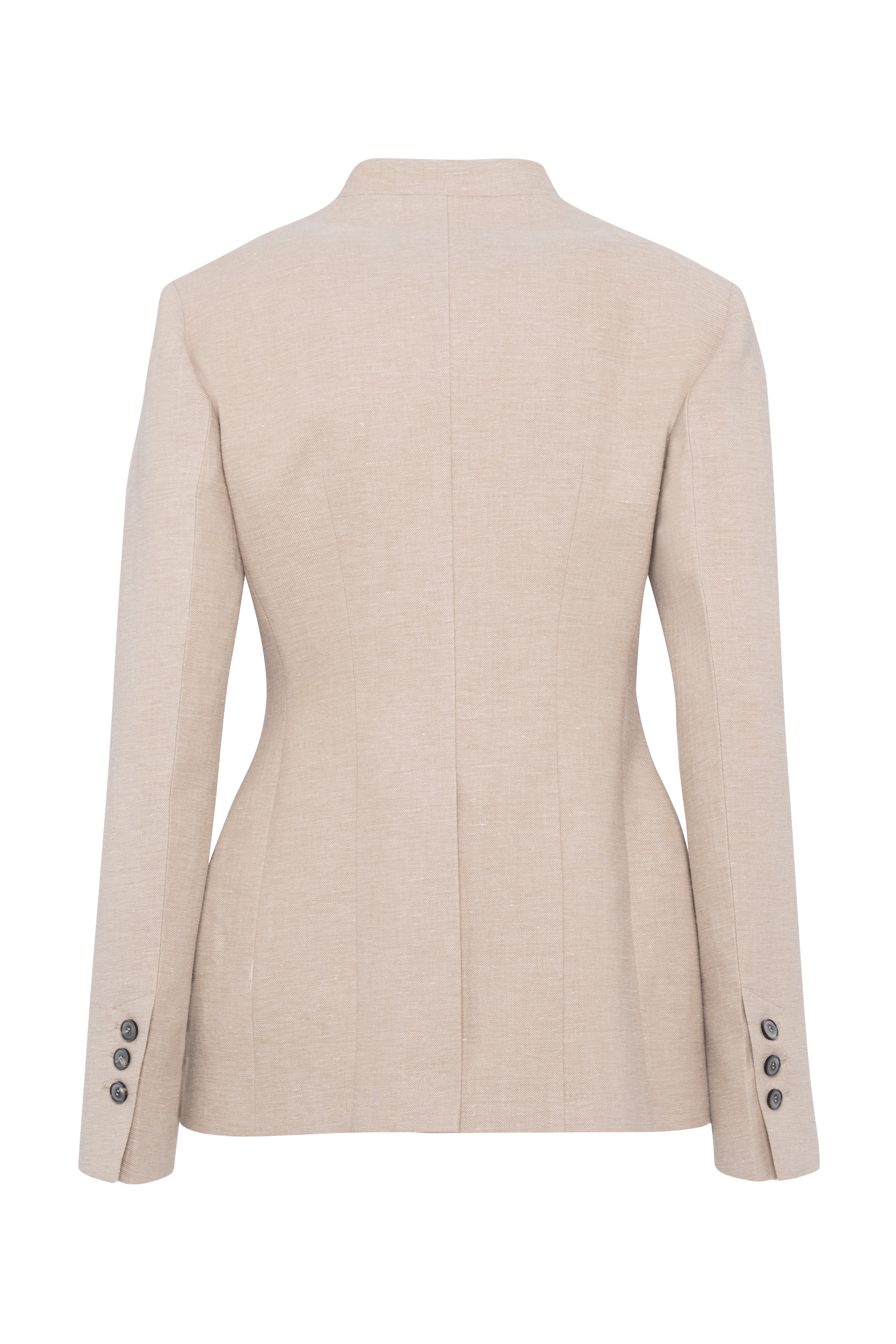 Beige Double-Breasted Collarless Linen Blazer Jacket