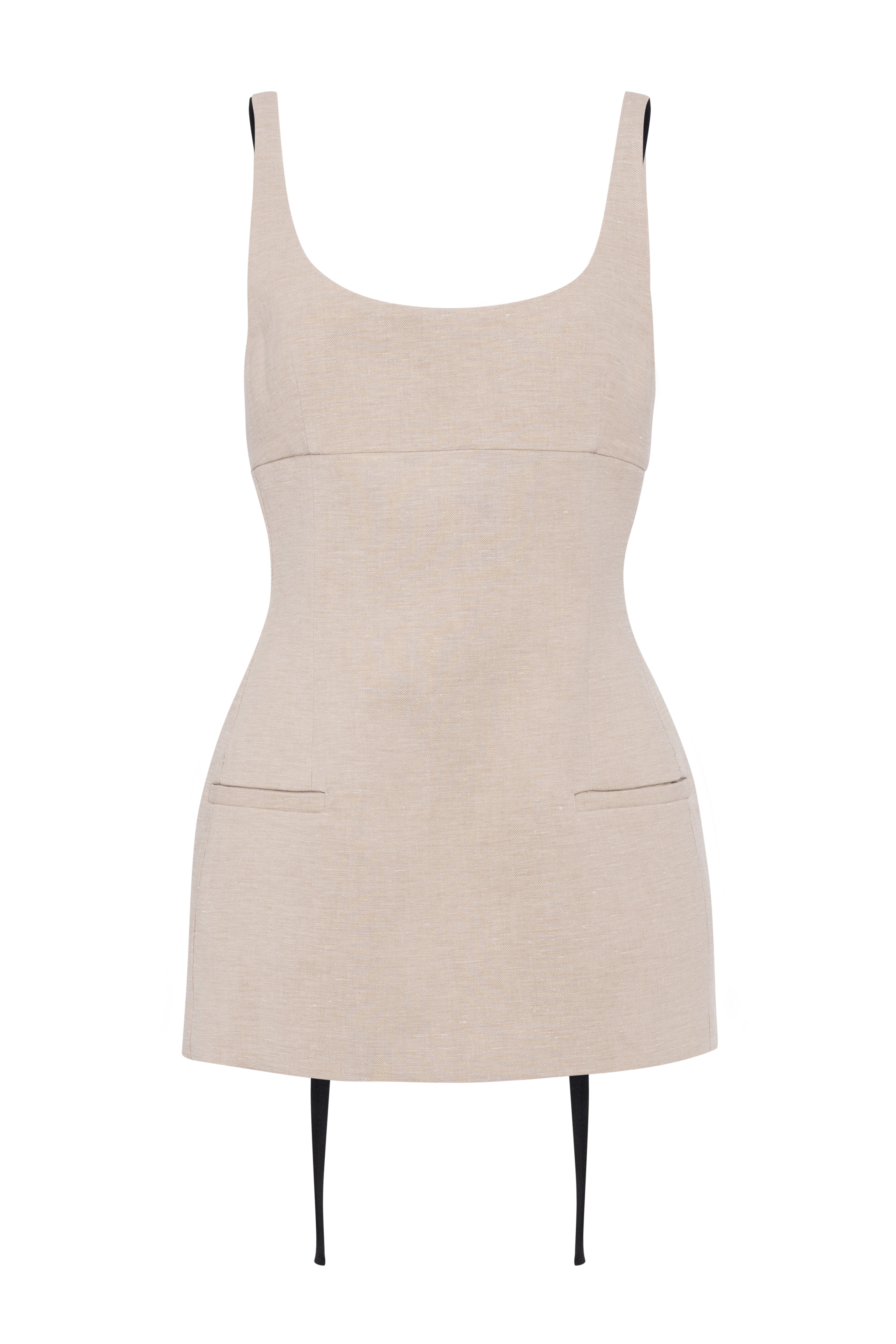 Sleeveless Elegant Mini Linen Dress In Beige With Contrasting Black Strap