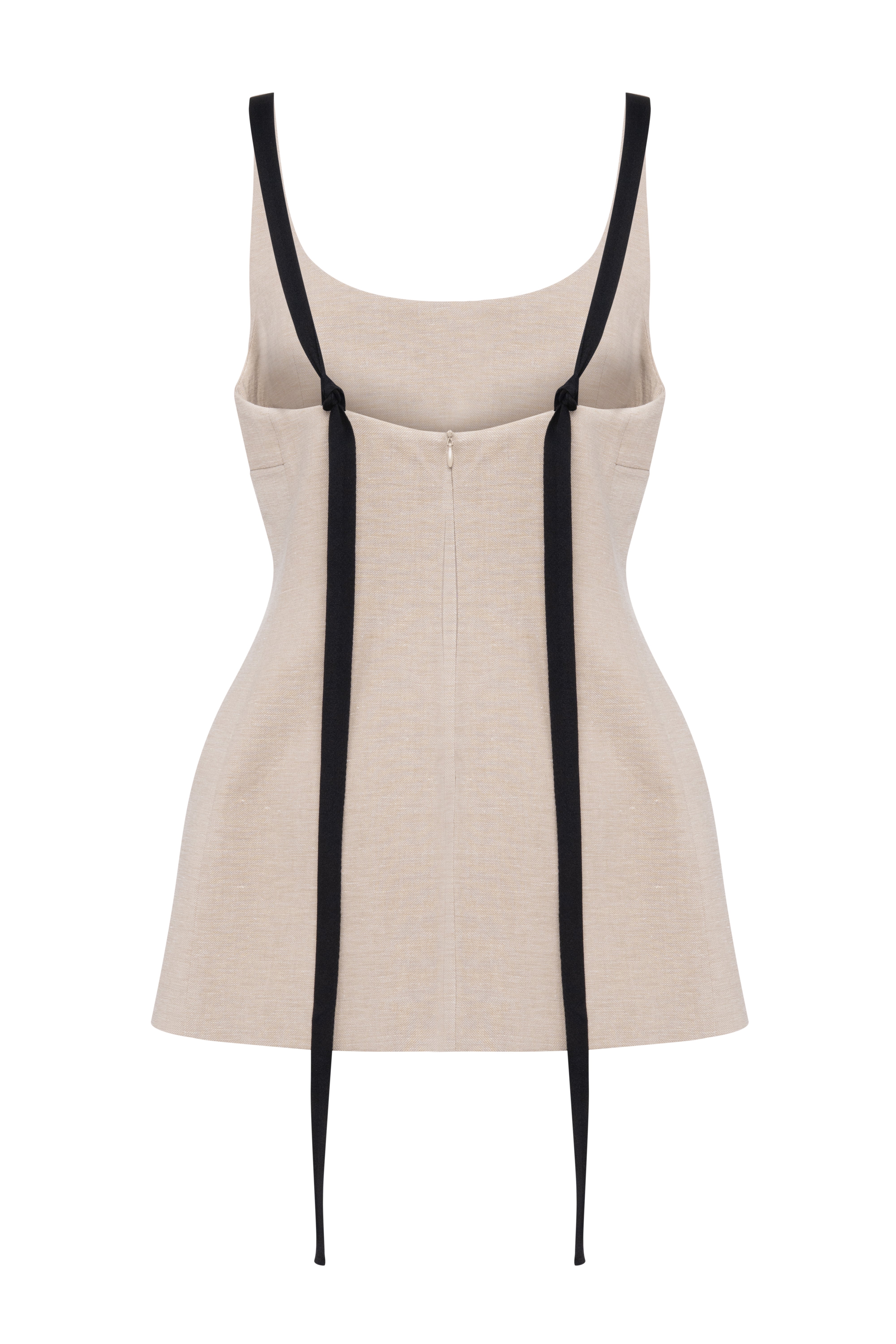 Sleeveless Elegant Mini Linen Dress In Beige With Contrasting Black Strap