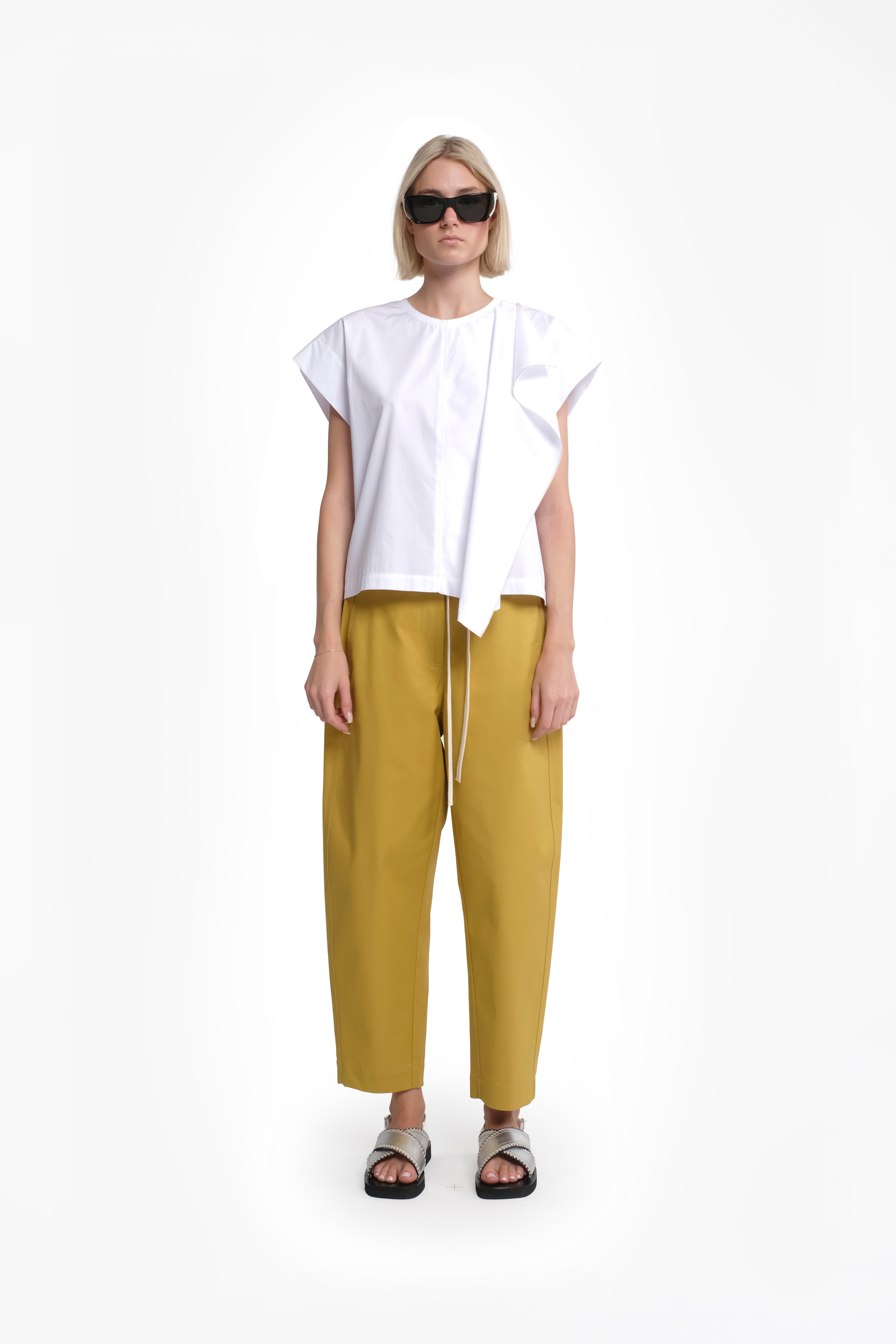 Straight-Leg Cotton Gabardine Trousers With Contrast Waist Tie In Mustard Yellow Color