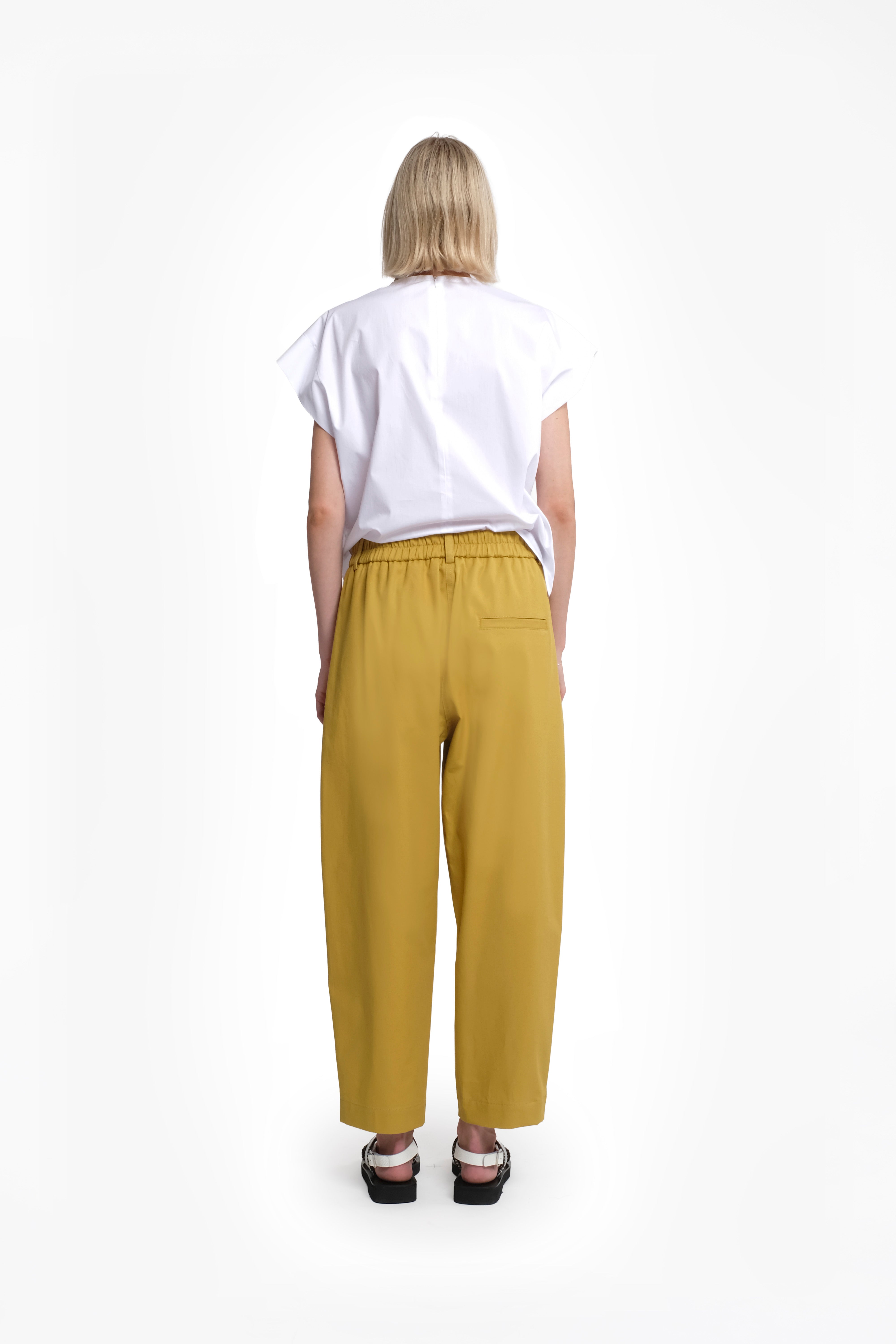 Straight-Leg Cotton Gabardine Trousers With Contrast Waist Tie In Mustard Yellow Color