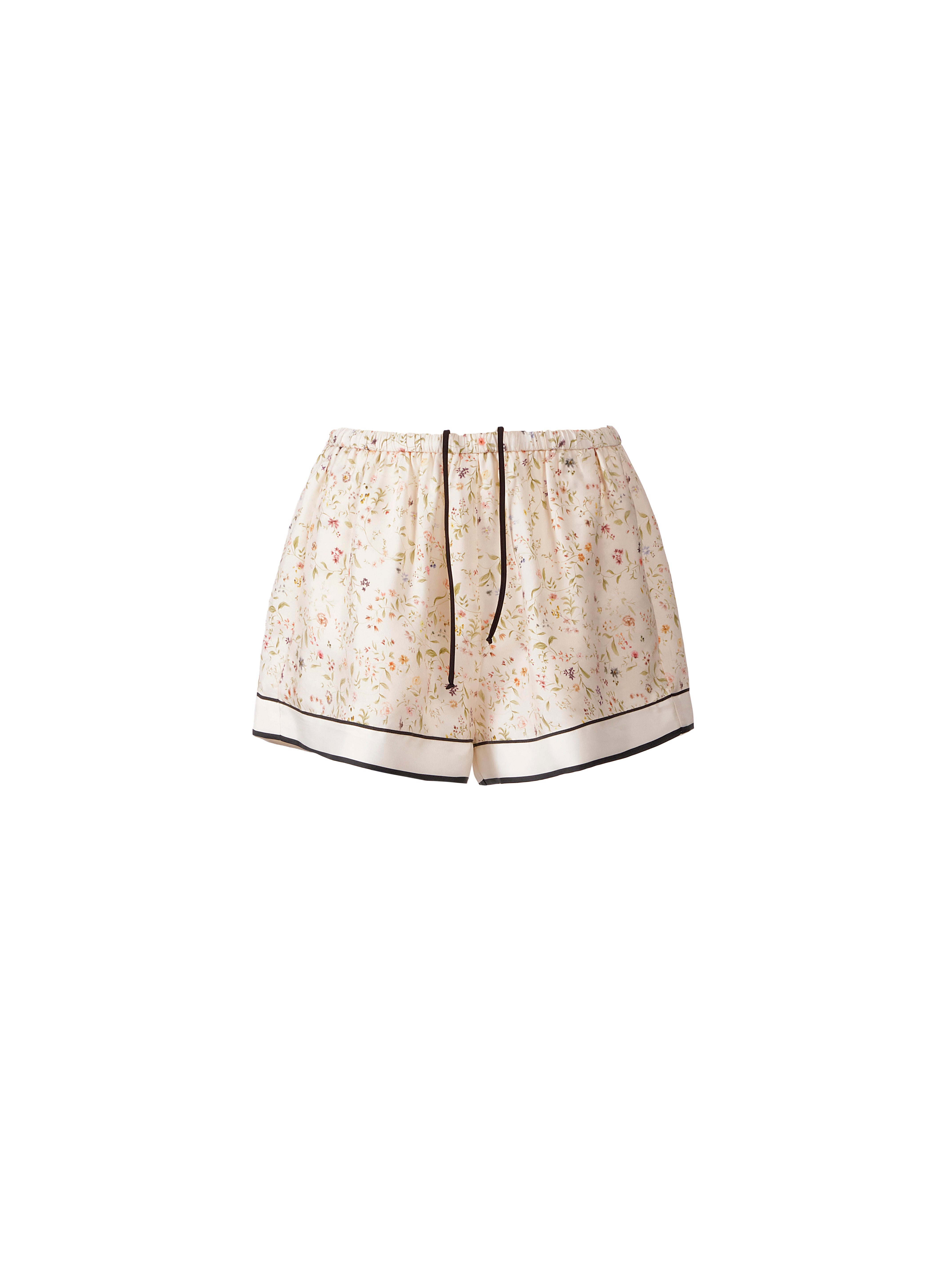 Lightweight Floral Print Silk Shorts With Elasticated Waistband And Black Contrast Drawstring