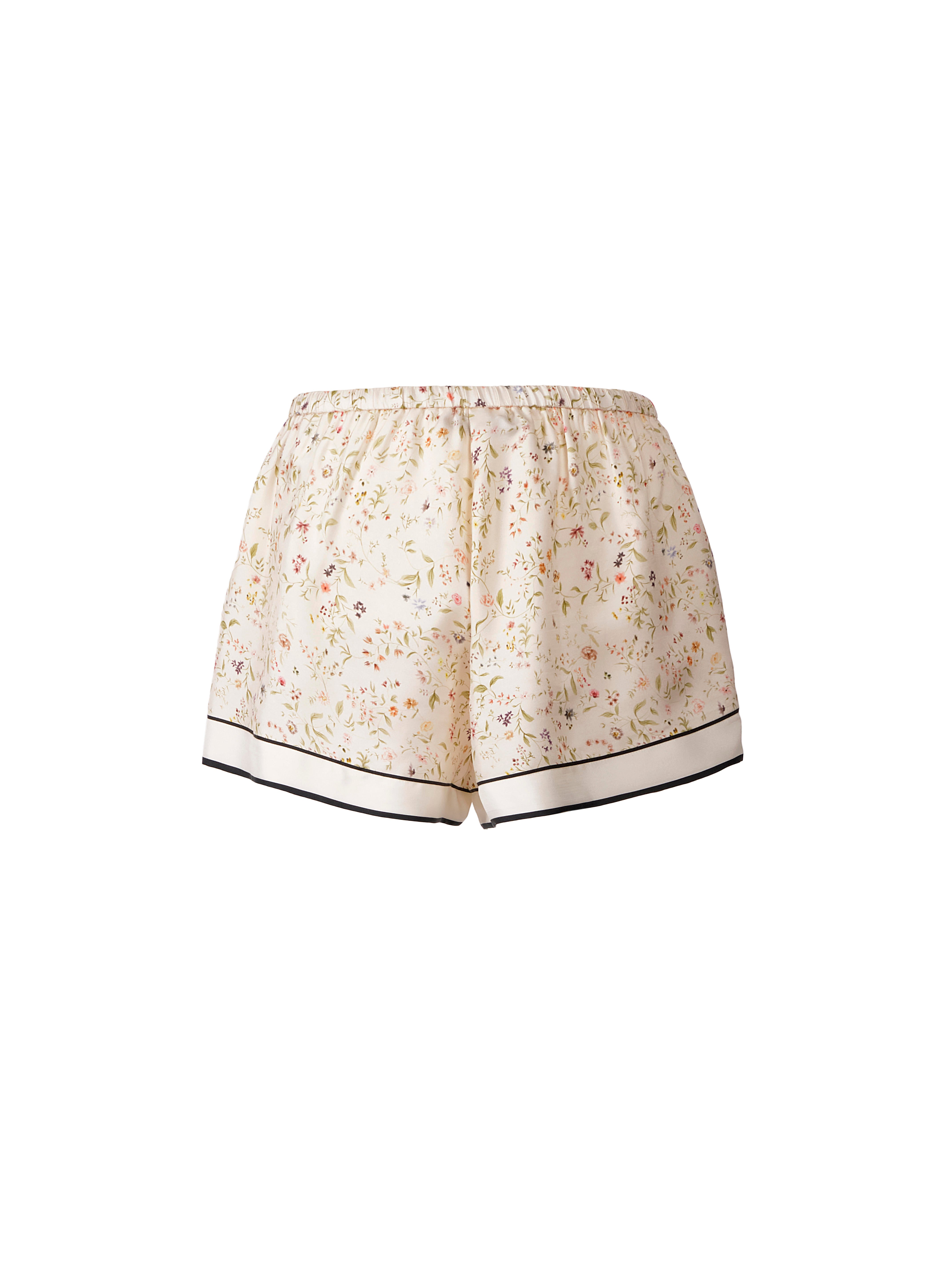 Lightweight Floral Print Silk Shorts With Elasticated Waistband And Black Contrast Drawstring