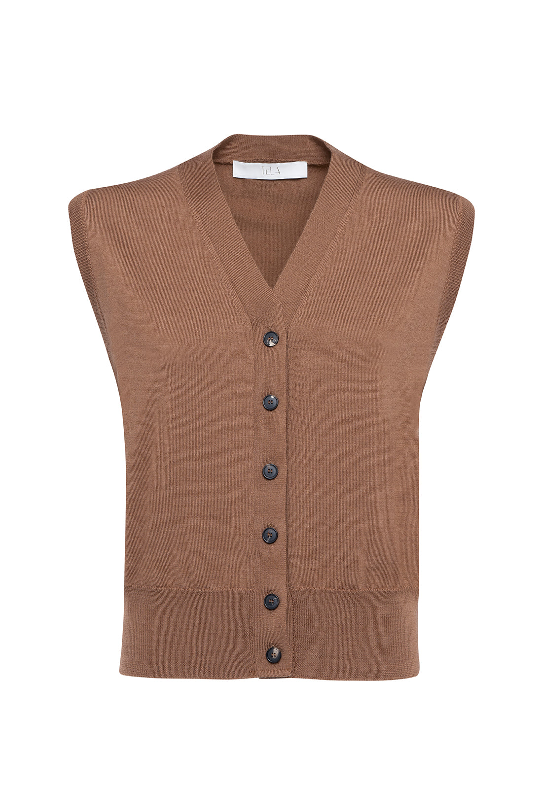 Caramel Merino Wool Vest With Front Buttoning Closure And V-Neckline