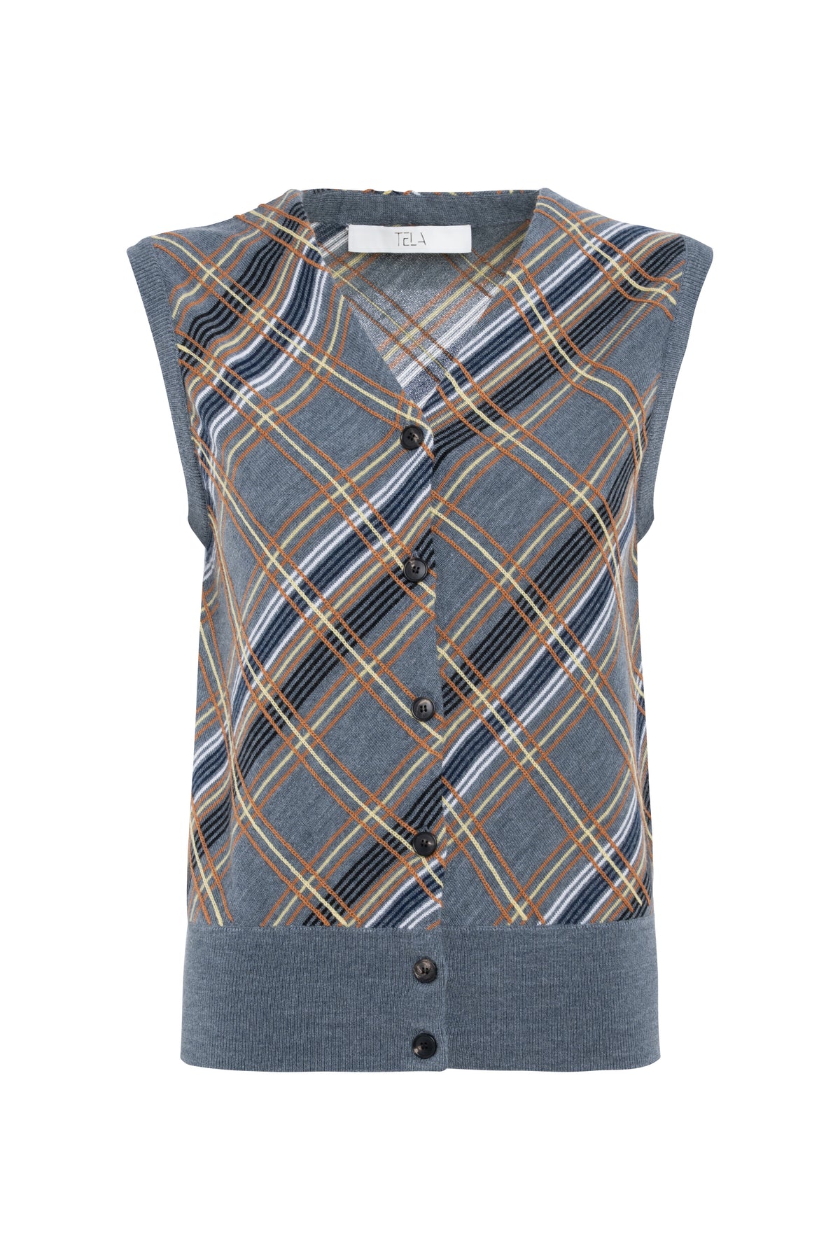 Grey Checked Sleeveless Cardigan Vest With Front Buttons